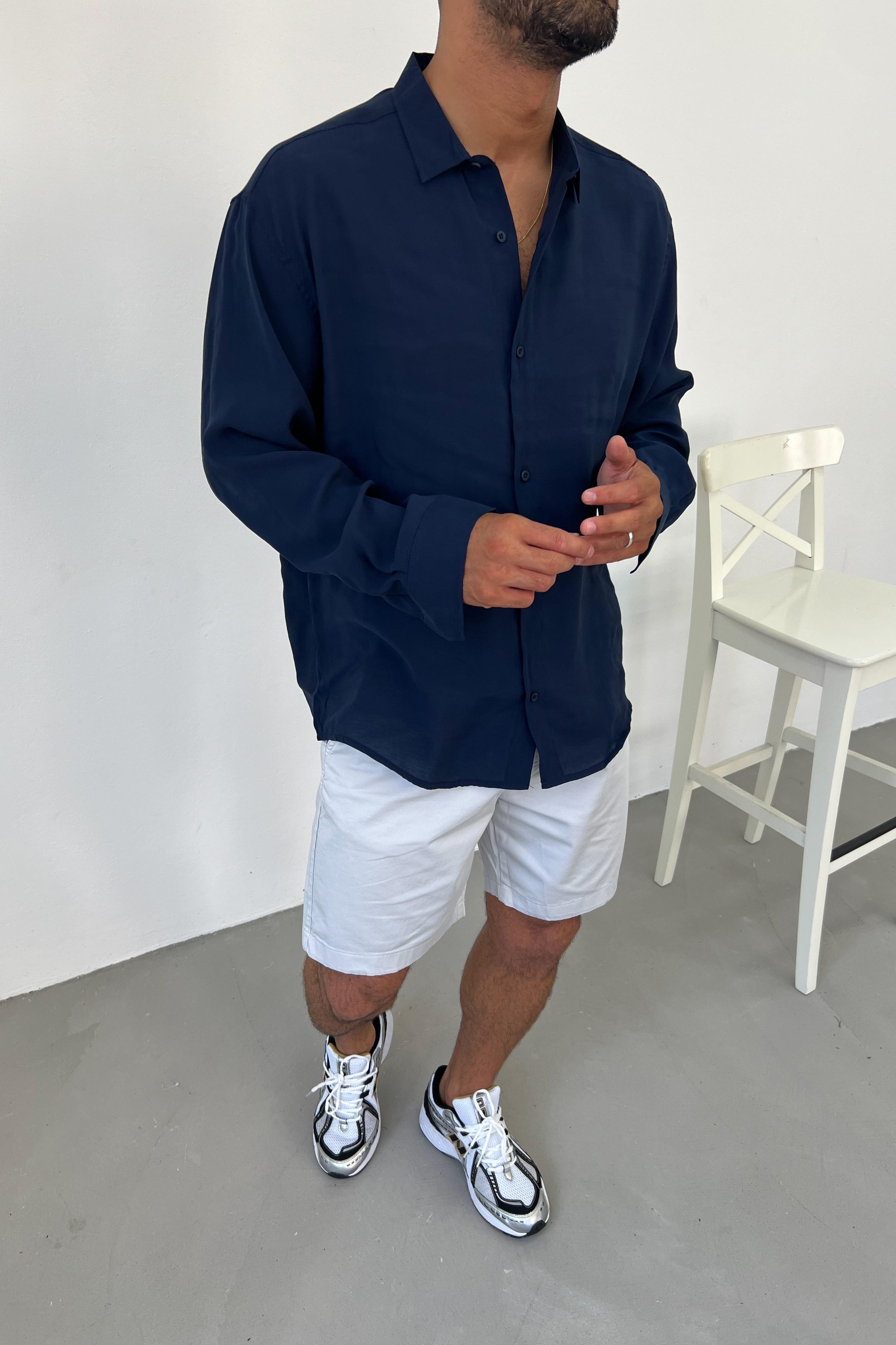 Tensel Kumaş Basic Oversize Gömlek 40-36 - Lacivert