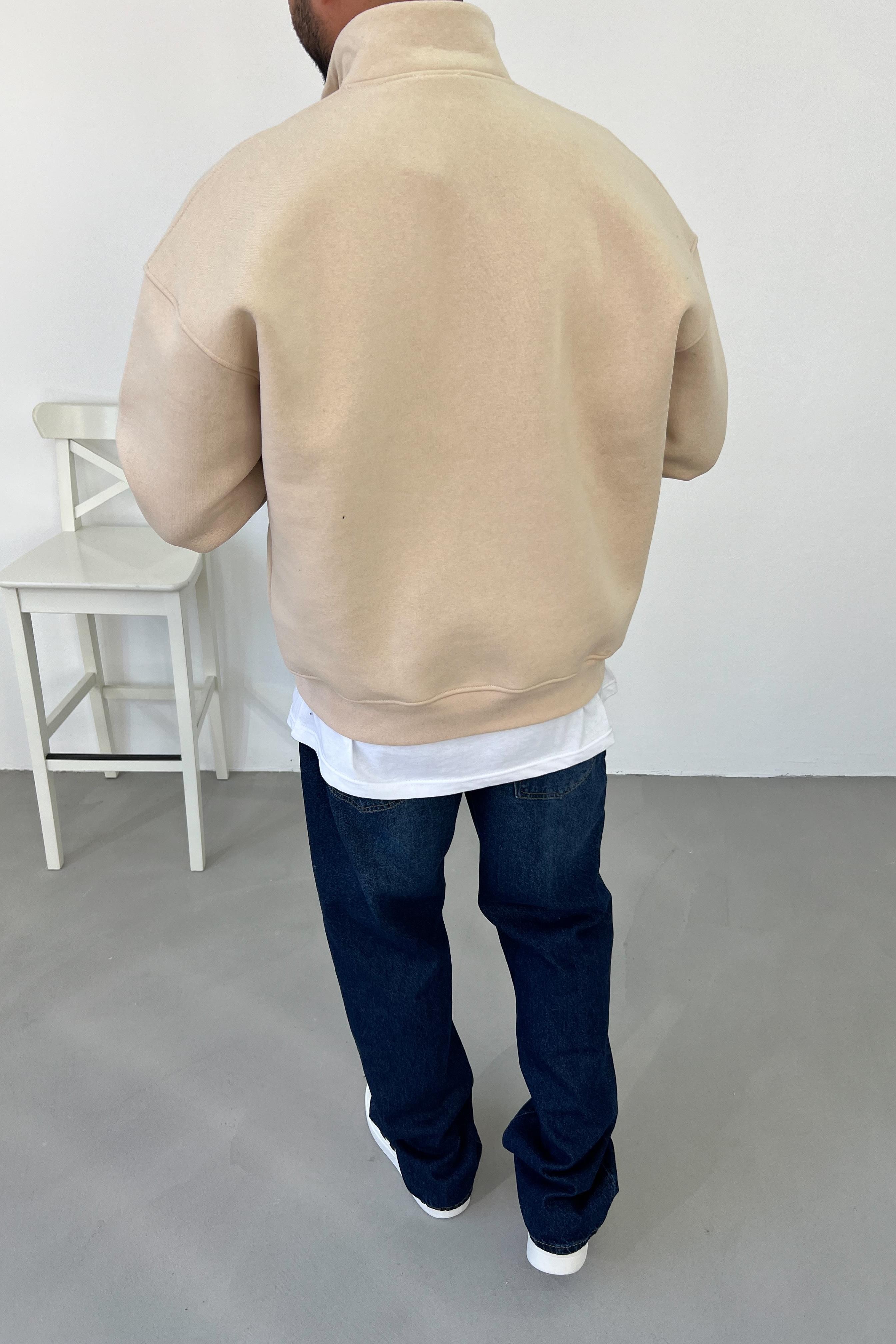 Yakası Fermuarlı Bej Oversize Sweatshirt 315