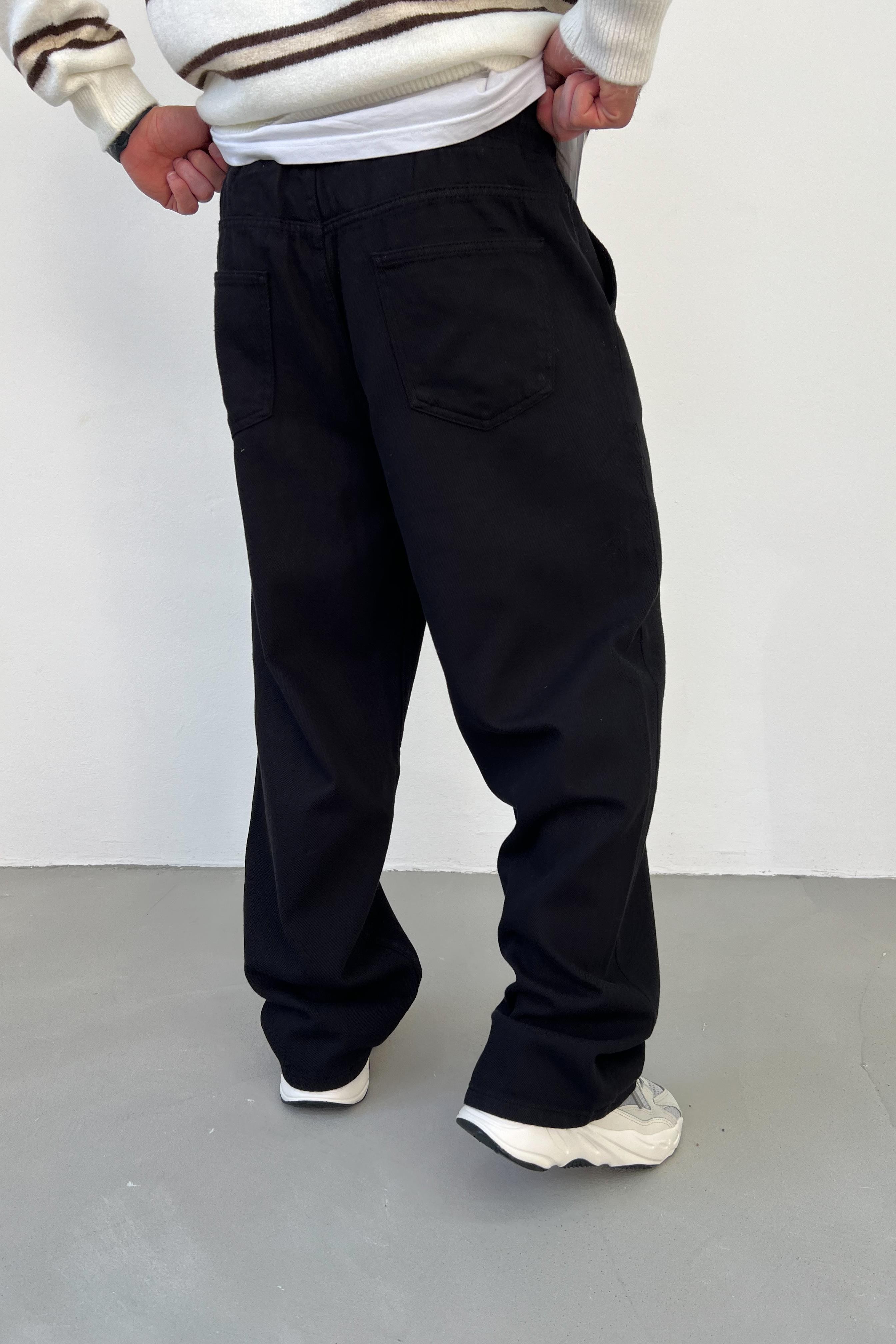 Beli Lastikli Gabardin Kumaş Siyah Baggy Pantolon 2870-1
