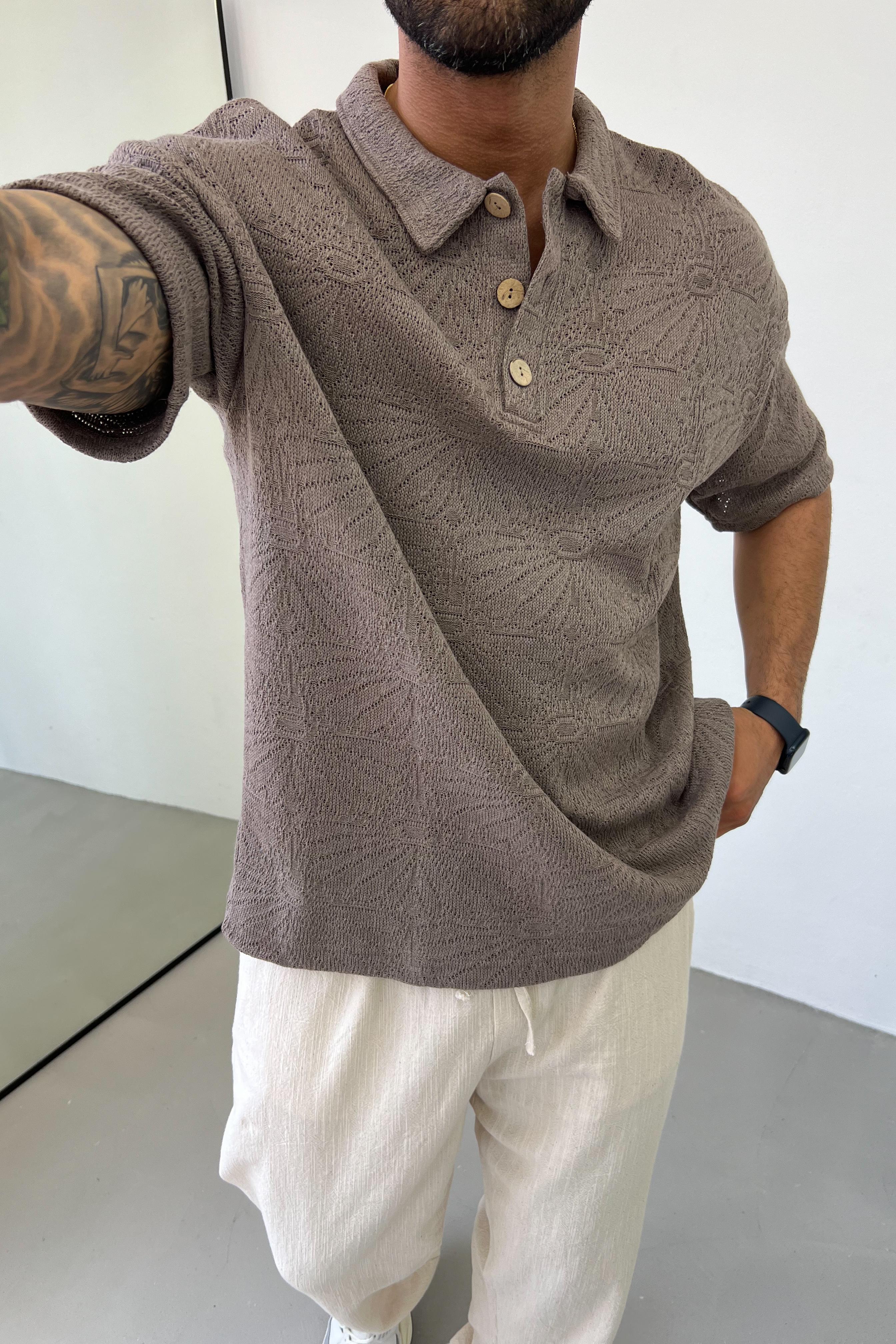 Polo Yaka Örme Triko Tshirt 7017 - Kahverengi
