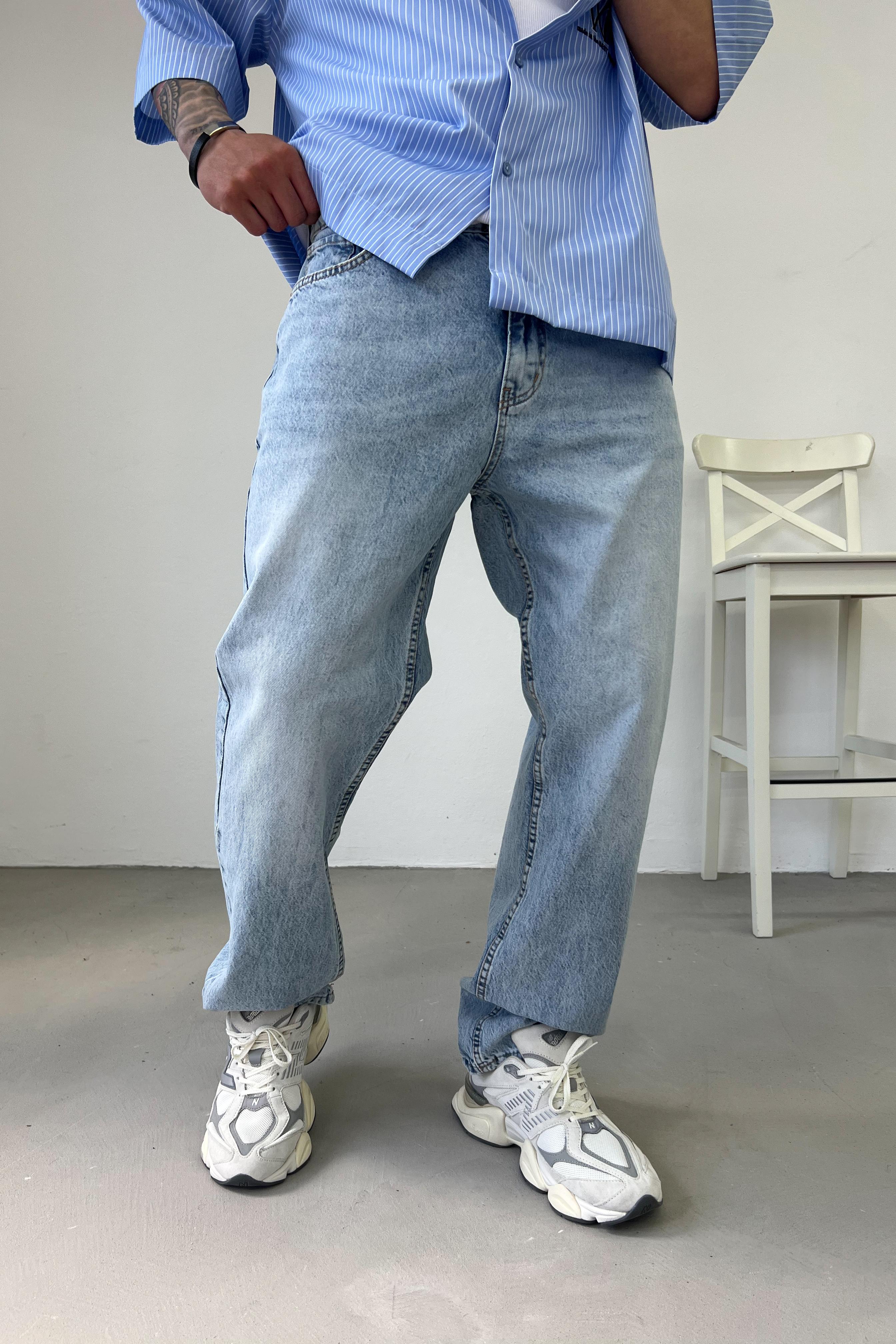 Taşlamalı Buz Mavi Baggy Pantolon 7342