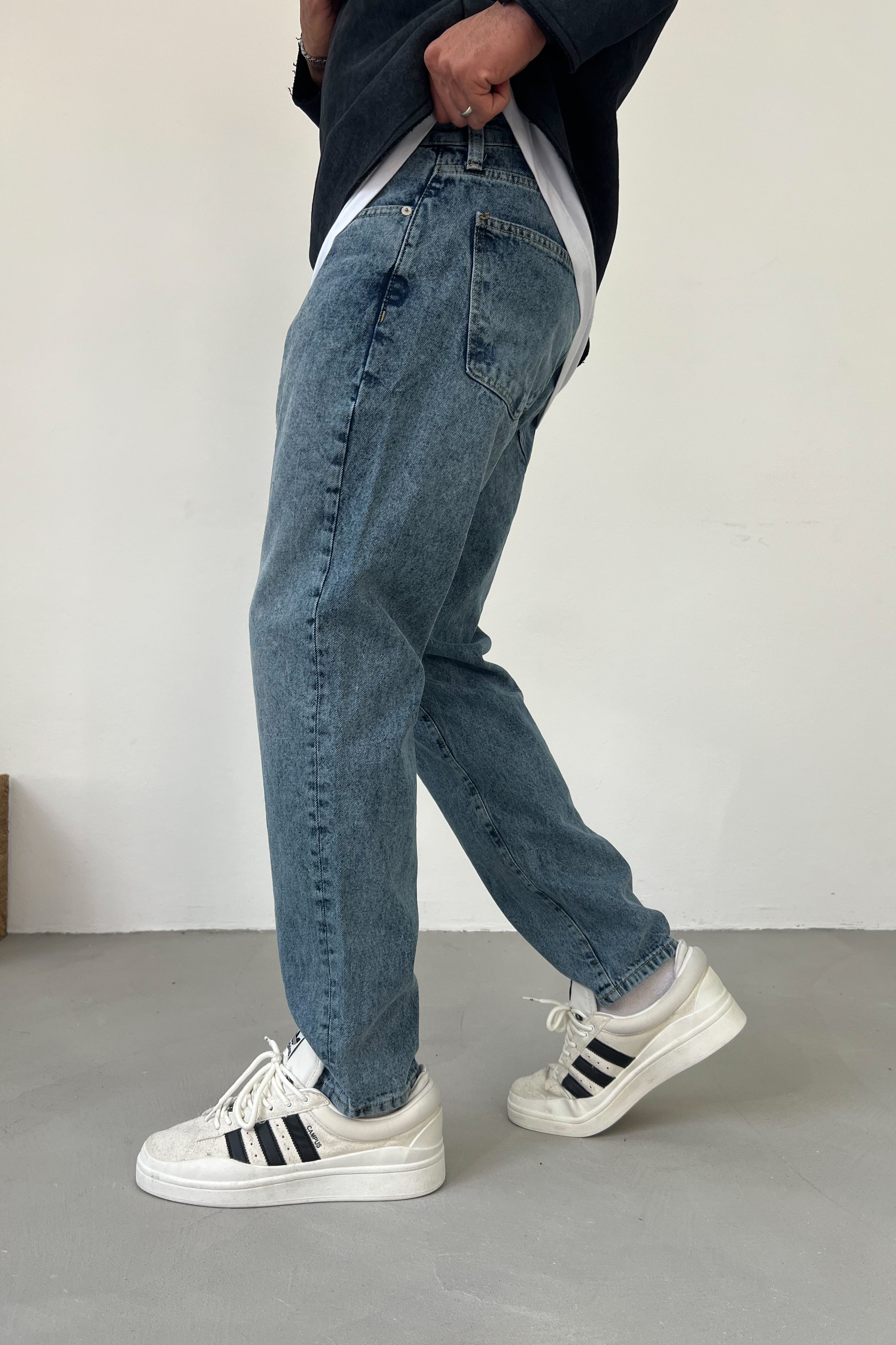Taşlamalı Eskitme Mavi Boyfriend Pantolon 16725-6