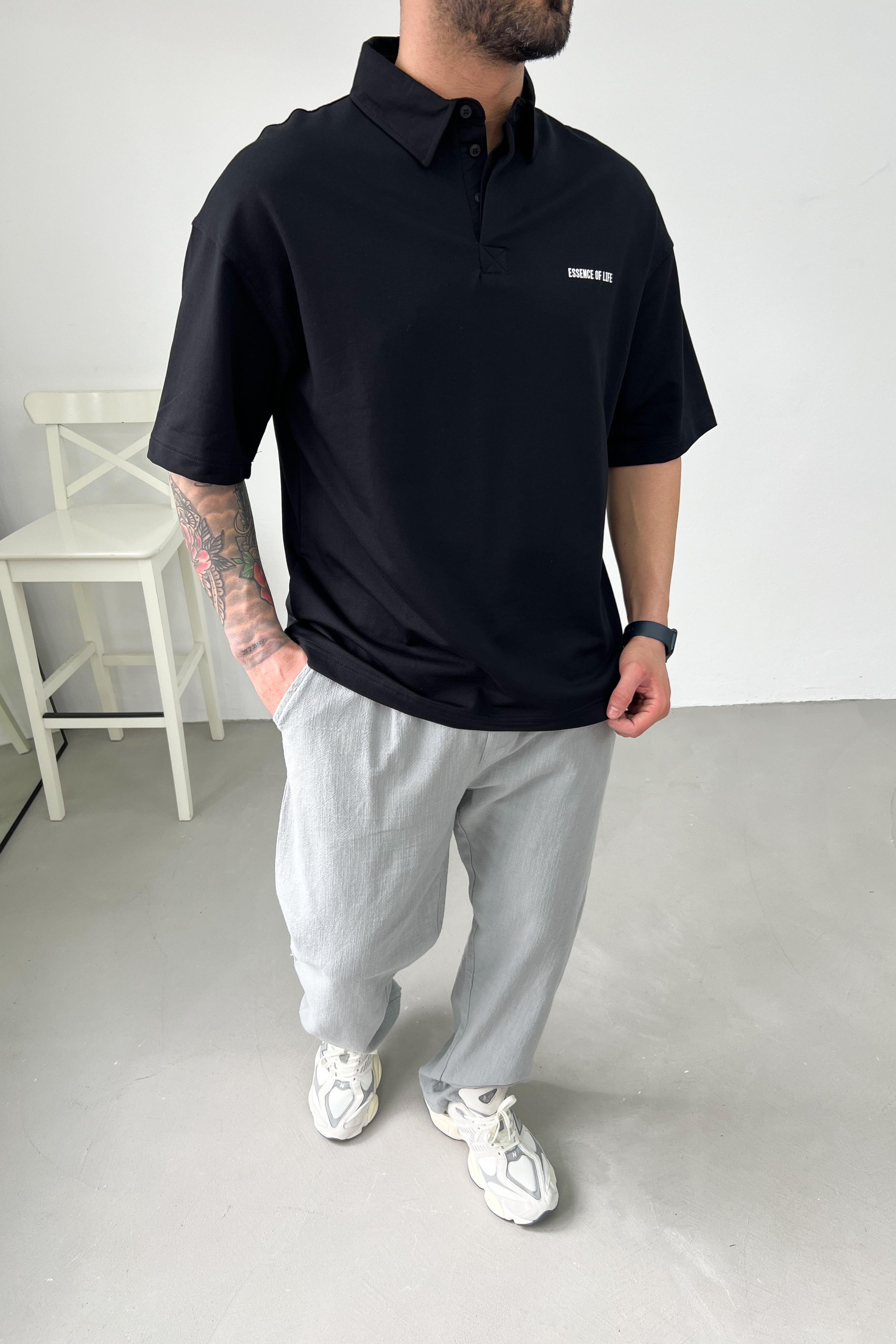 Göğüs Yazı Detaylı Polo Yaka Oversize Tshirt E71-25