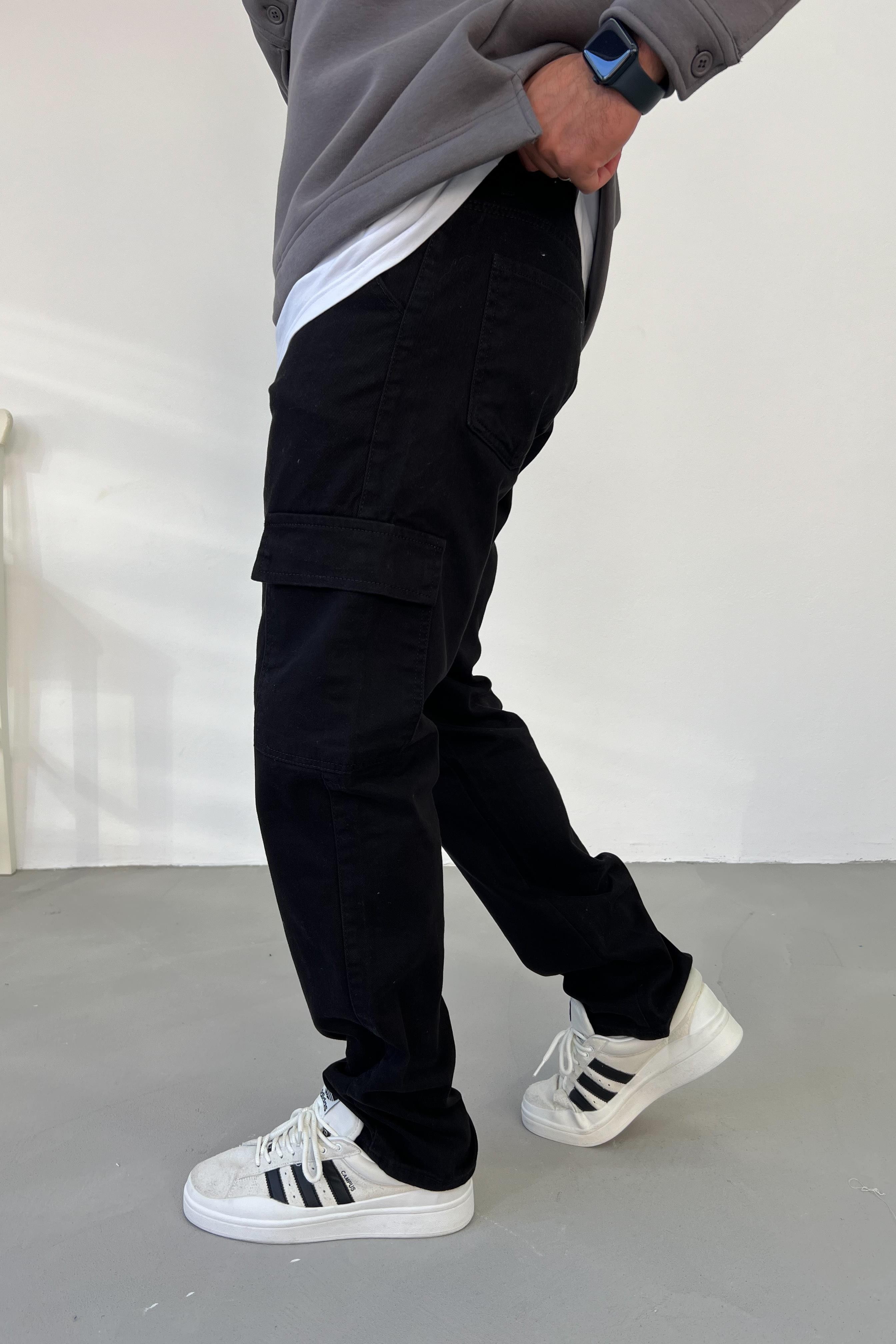 Gabardin Kumaş Siyah Kargo Baggy Pantolon 2225