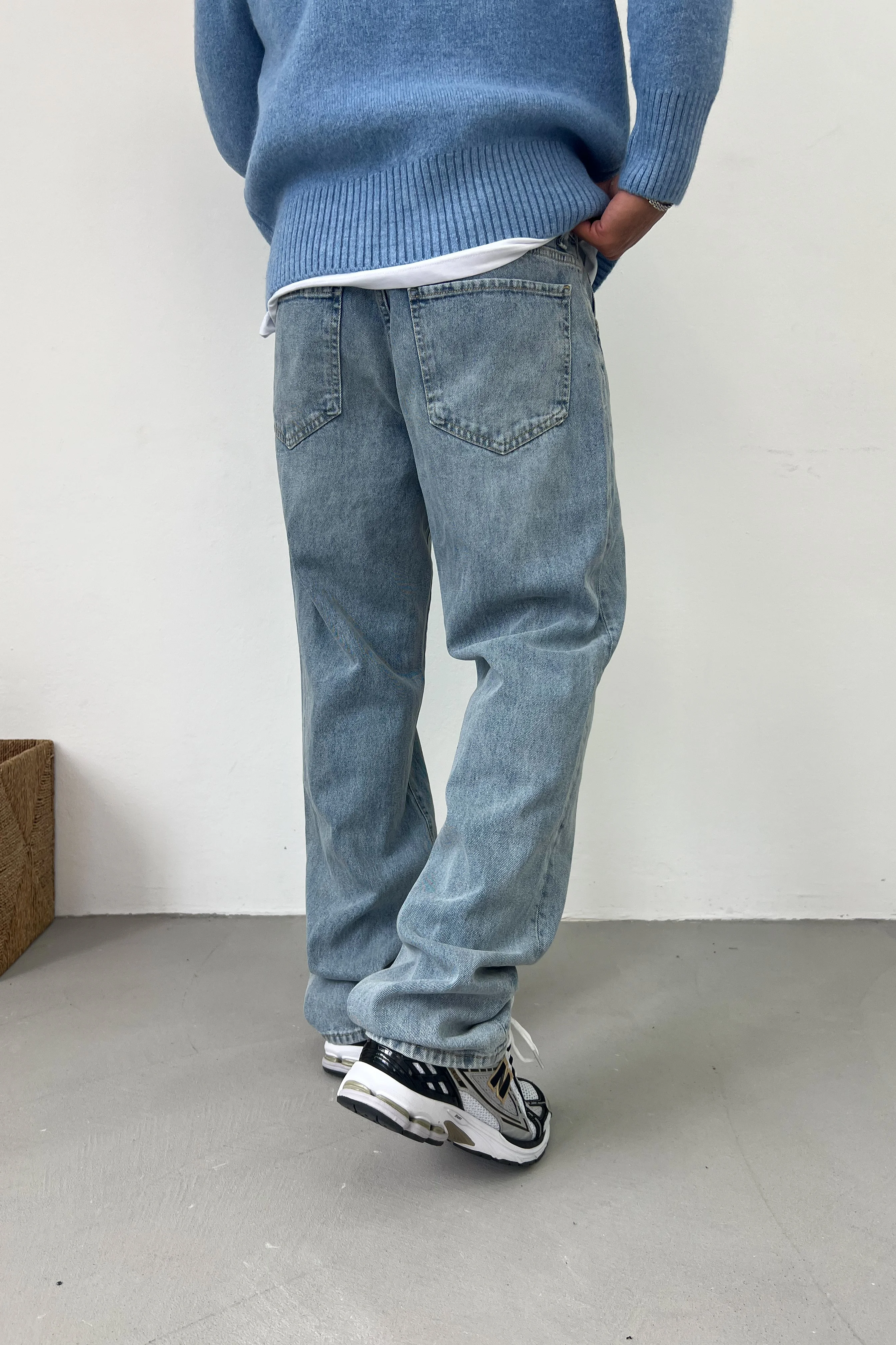 Taşlamalı Mavi Baggy Pantolon 16851-3