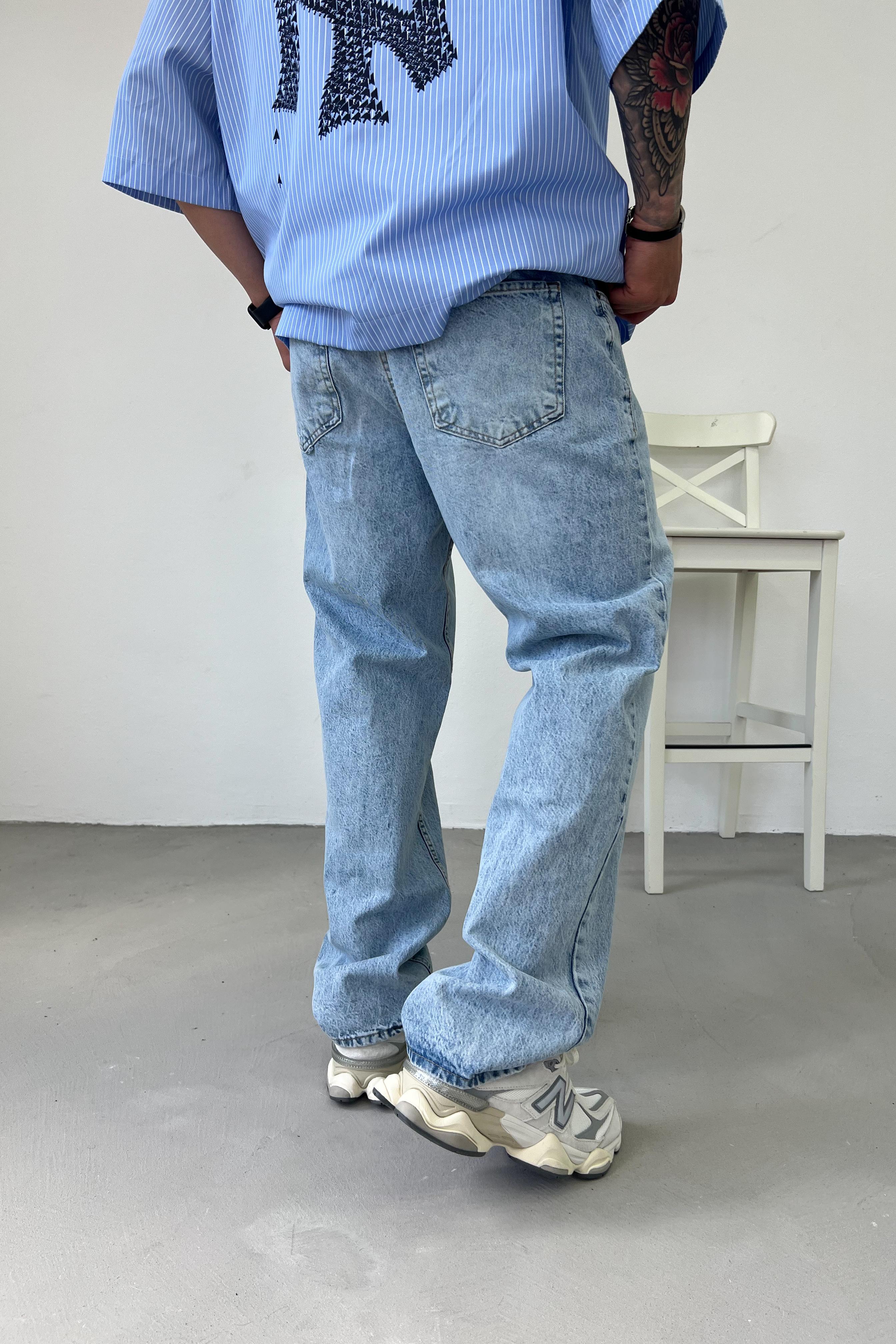 Taşlamalı Buz Mavi Baggy Pantolon 7342