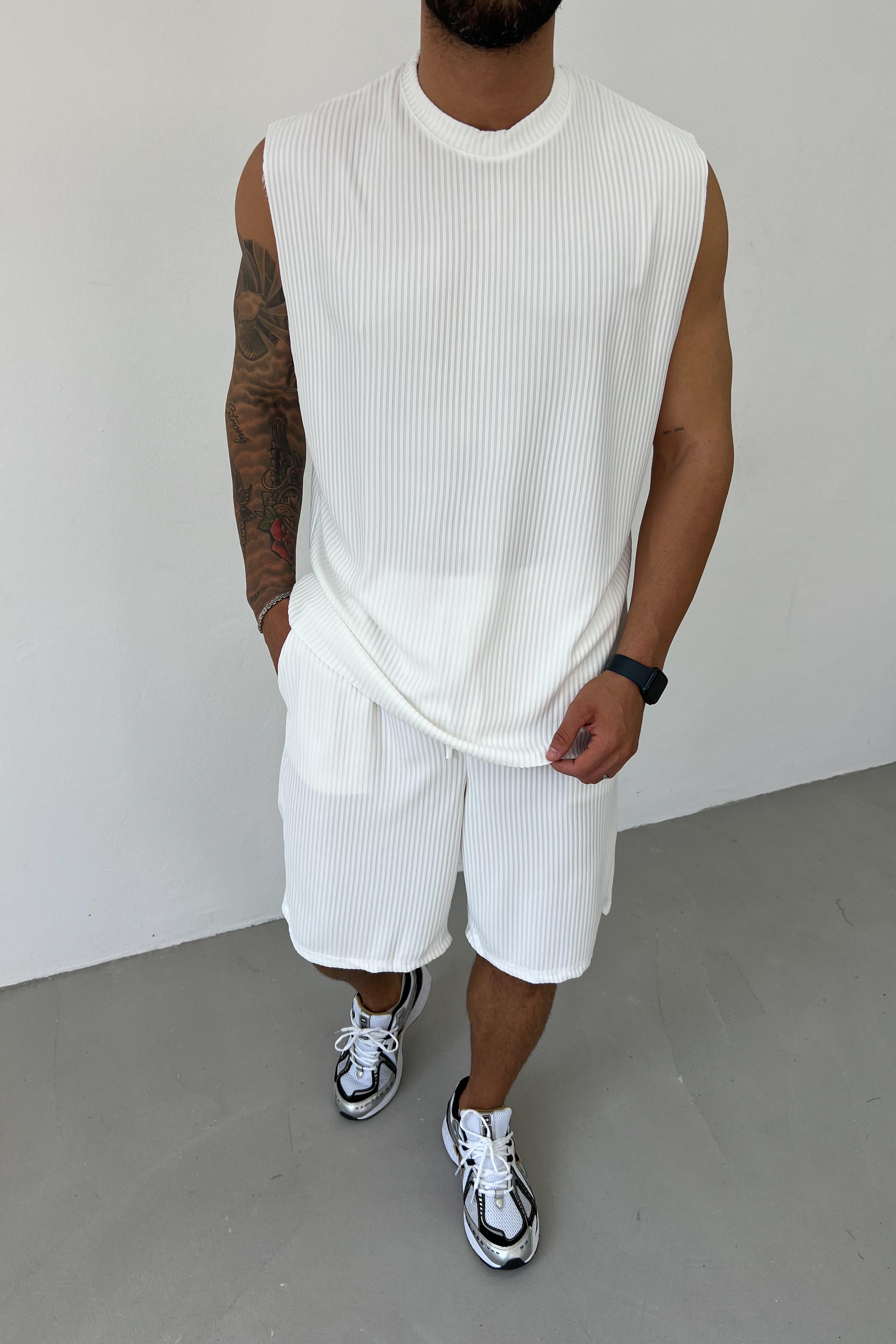 Oversize Kolsuz Fitilli Tshirt 1126 - Beyaz