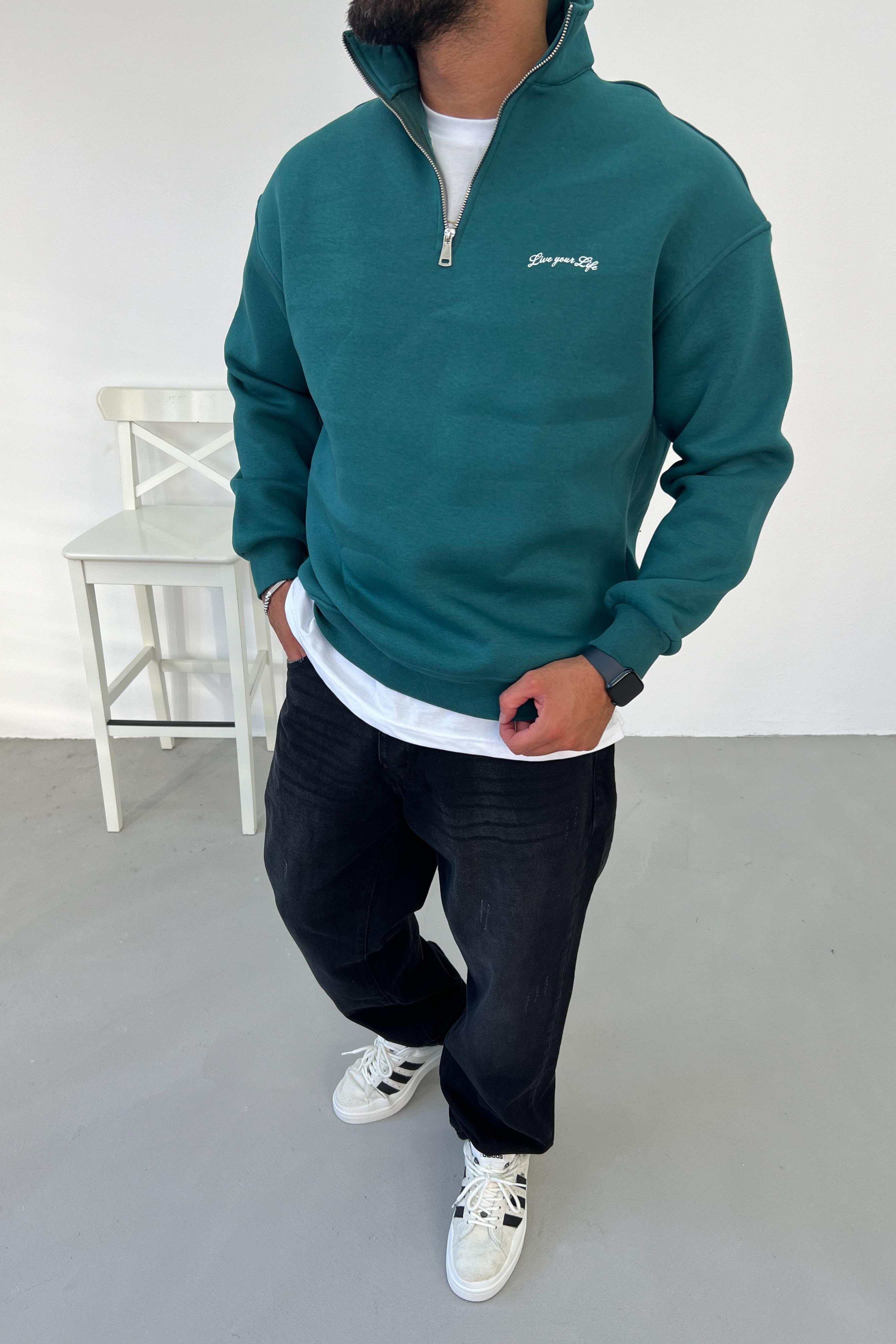Live Your Life Baskılı Yeşil Oversize Sweatshirt 15