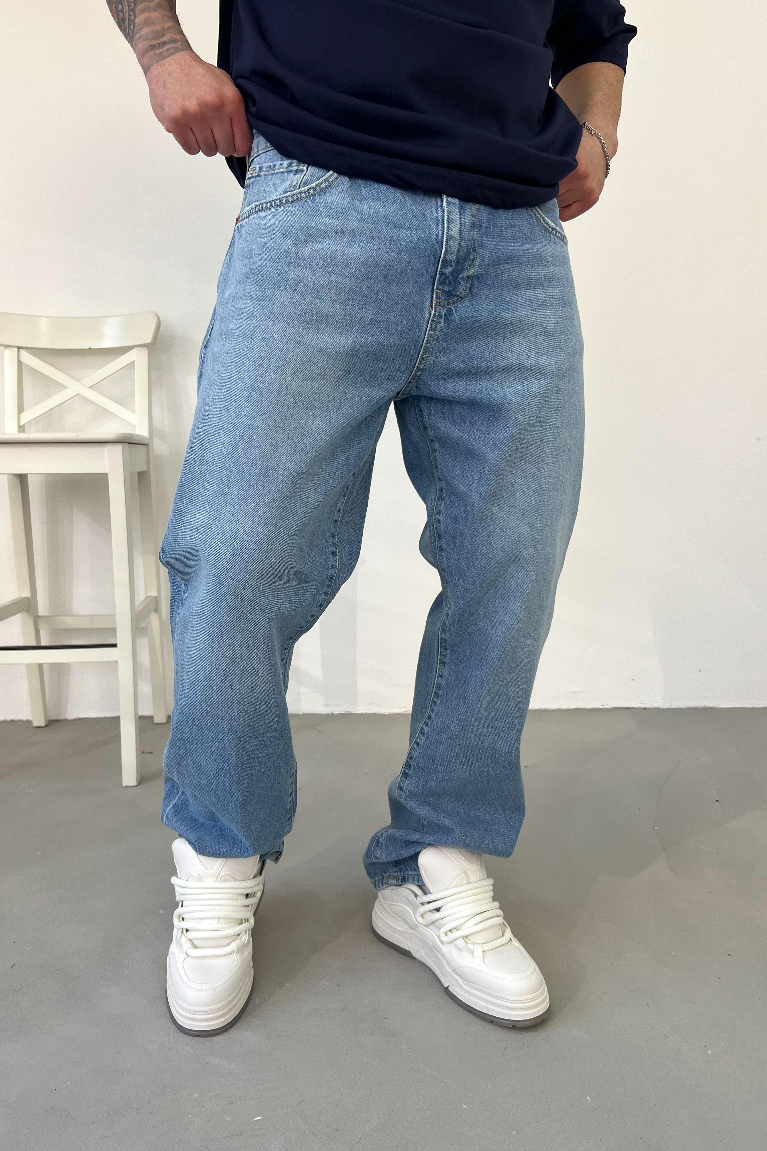 Taşlamalı Mavi Baggy Pantolon 16619-STD