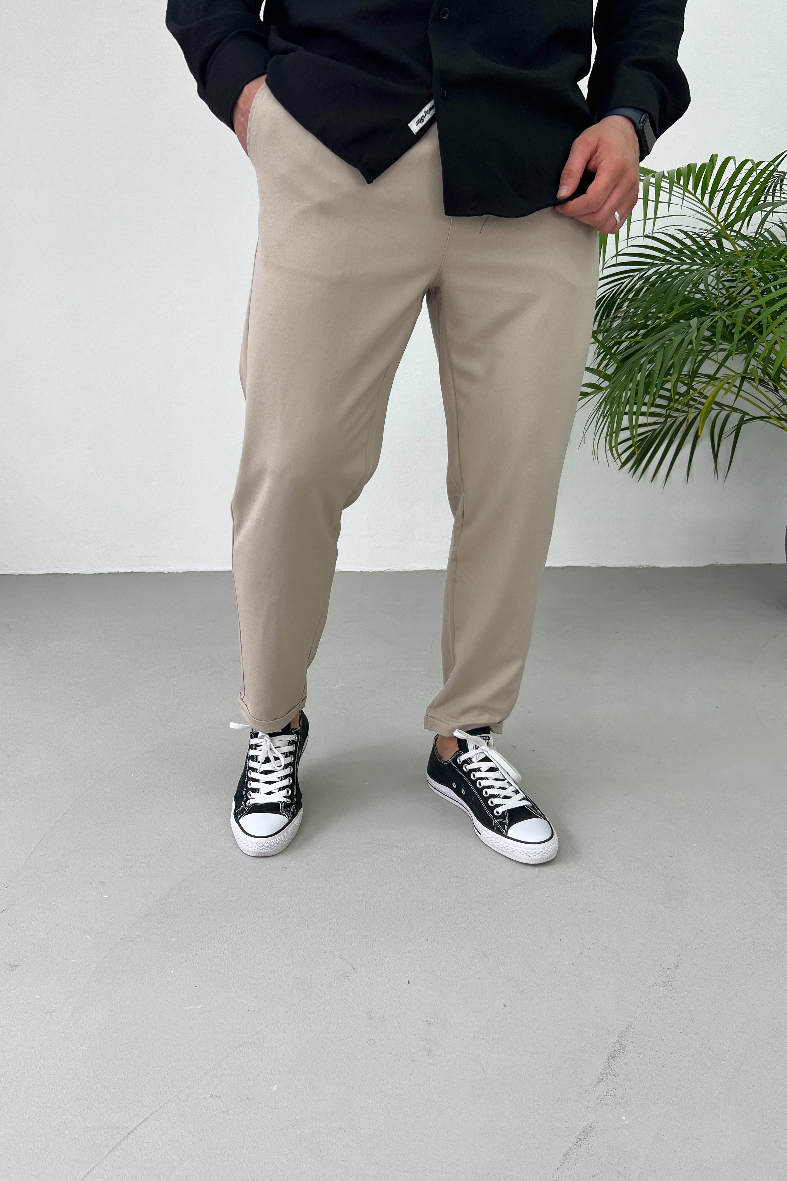 Pileli Duble Paça Bej Jogger Pantolon 0099