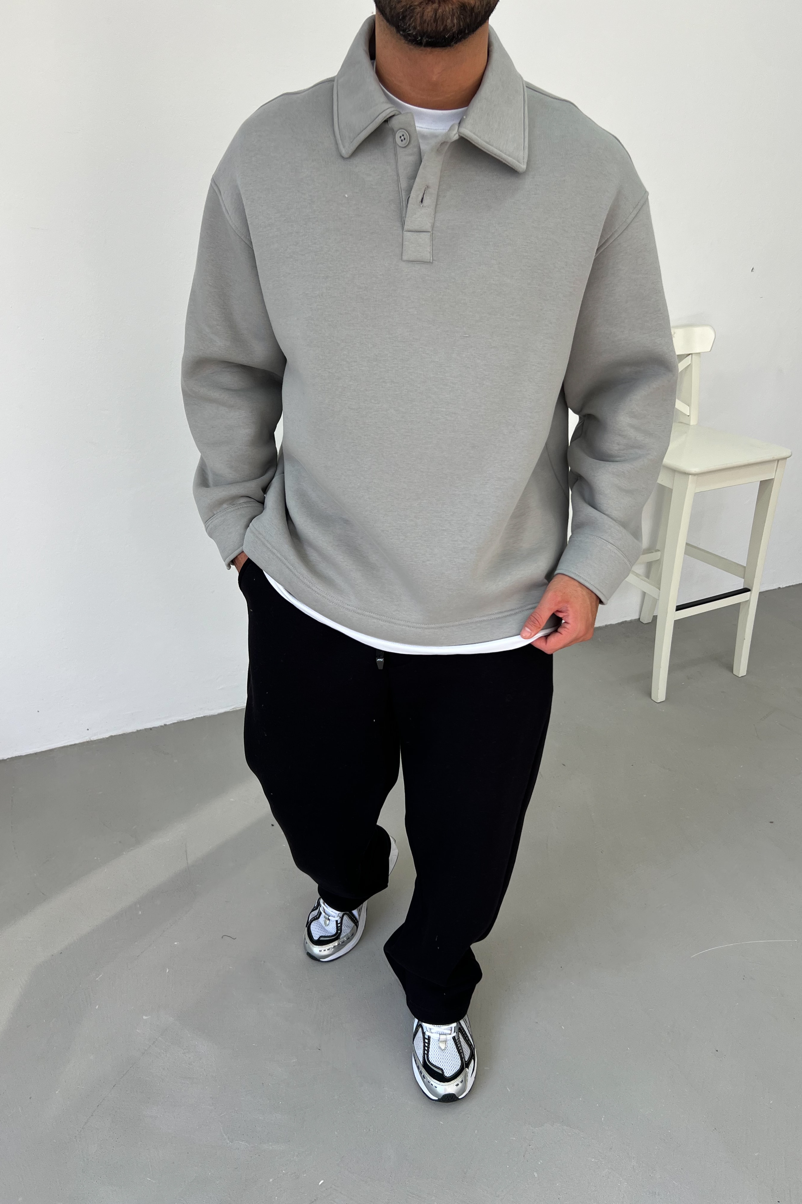 Polo Yaka Basic Oversize Sweatshirt 7081 - Gri