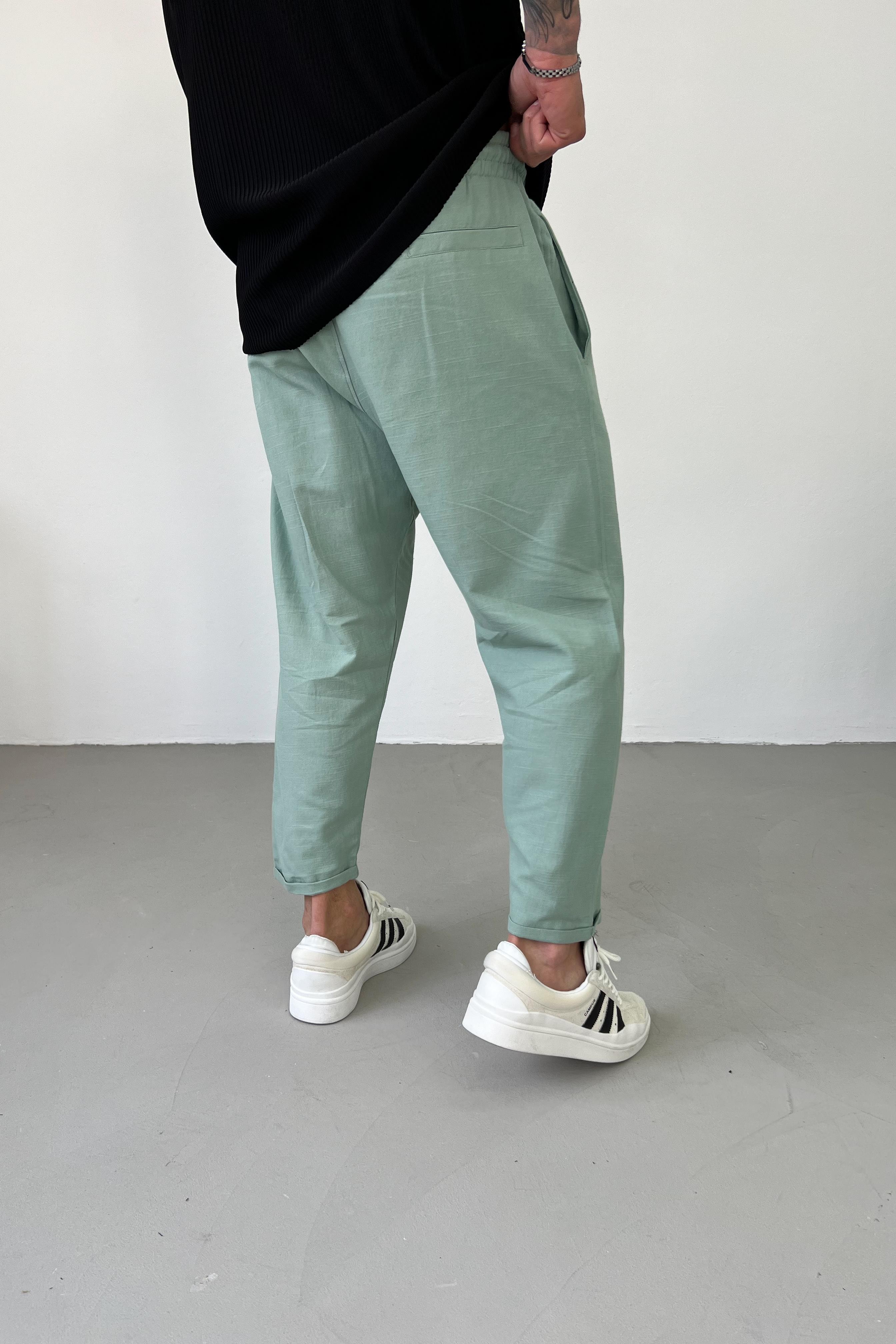 Beli Lastikli Duble Paça Yeşil Keten Pantolon 4222