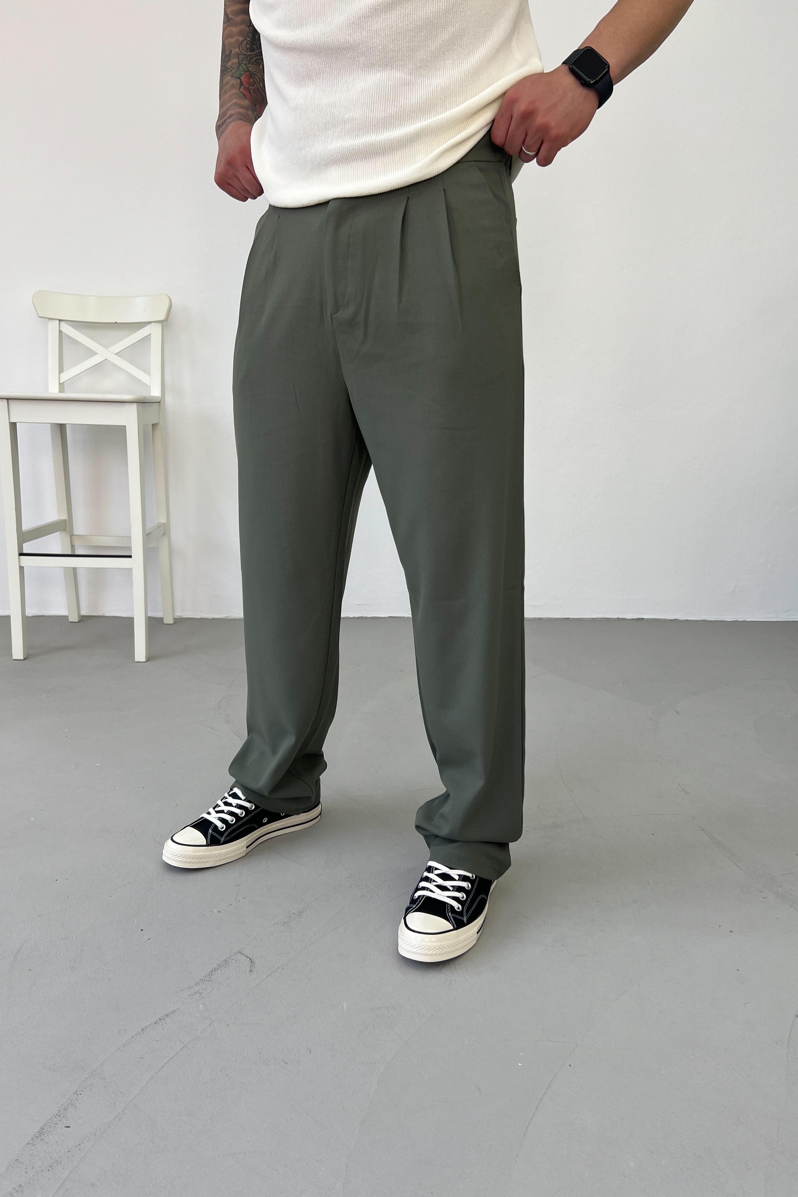 Pileli Kumaş Baggy Pantolon 2025 - Haki