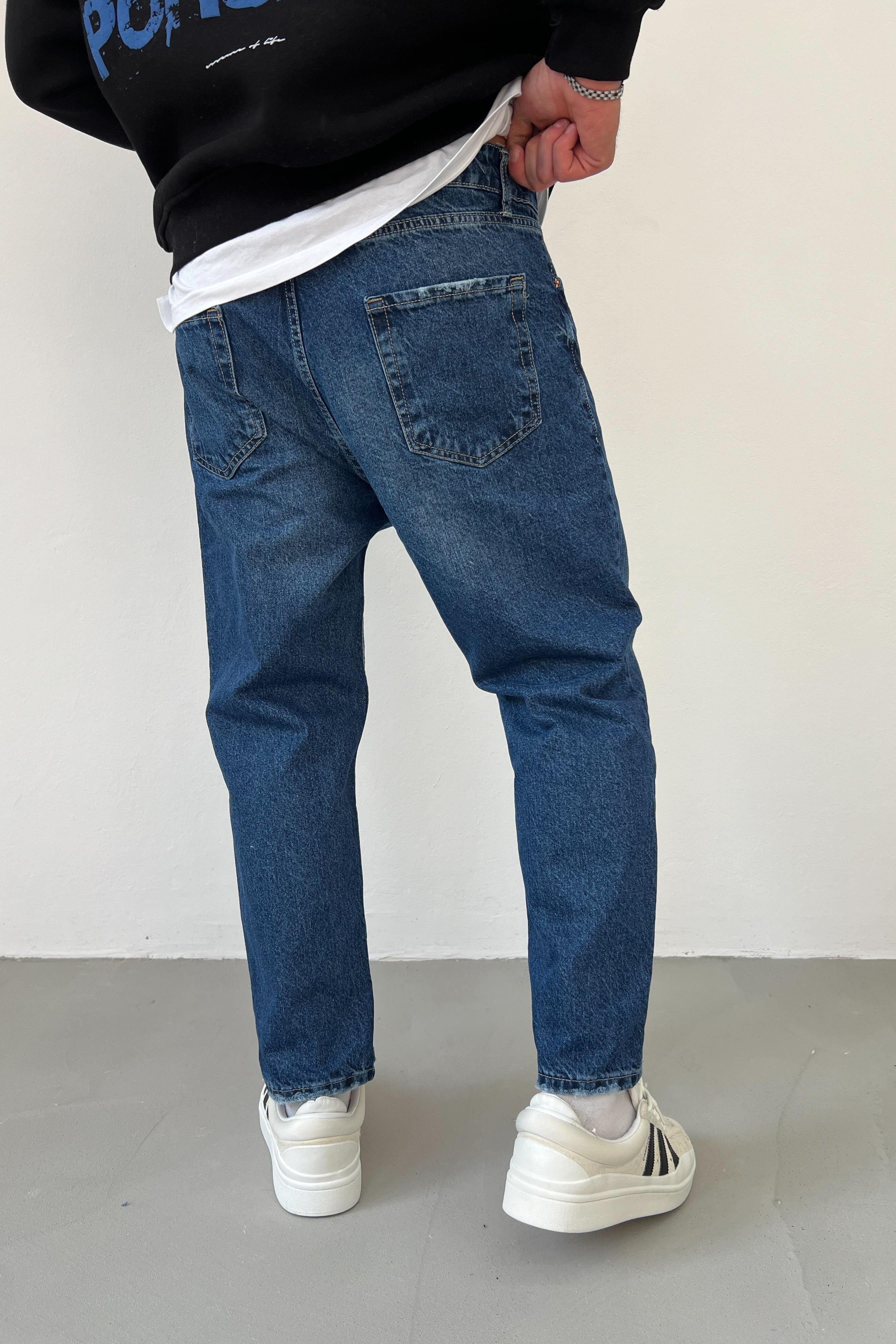Taşlamalı Koyu Mavi Boyfriend Pantolon 2796-1