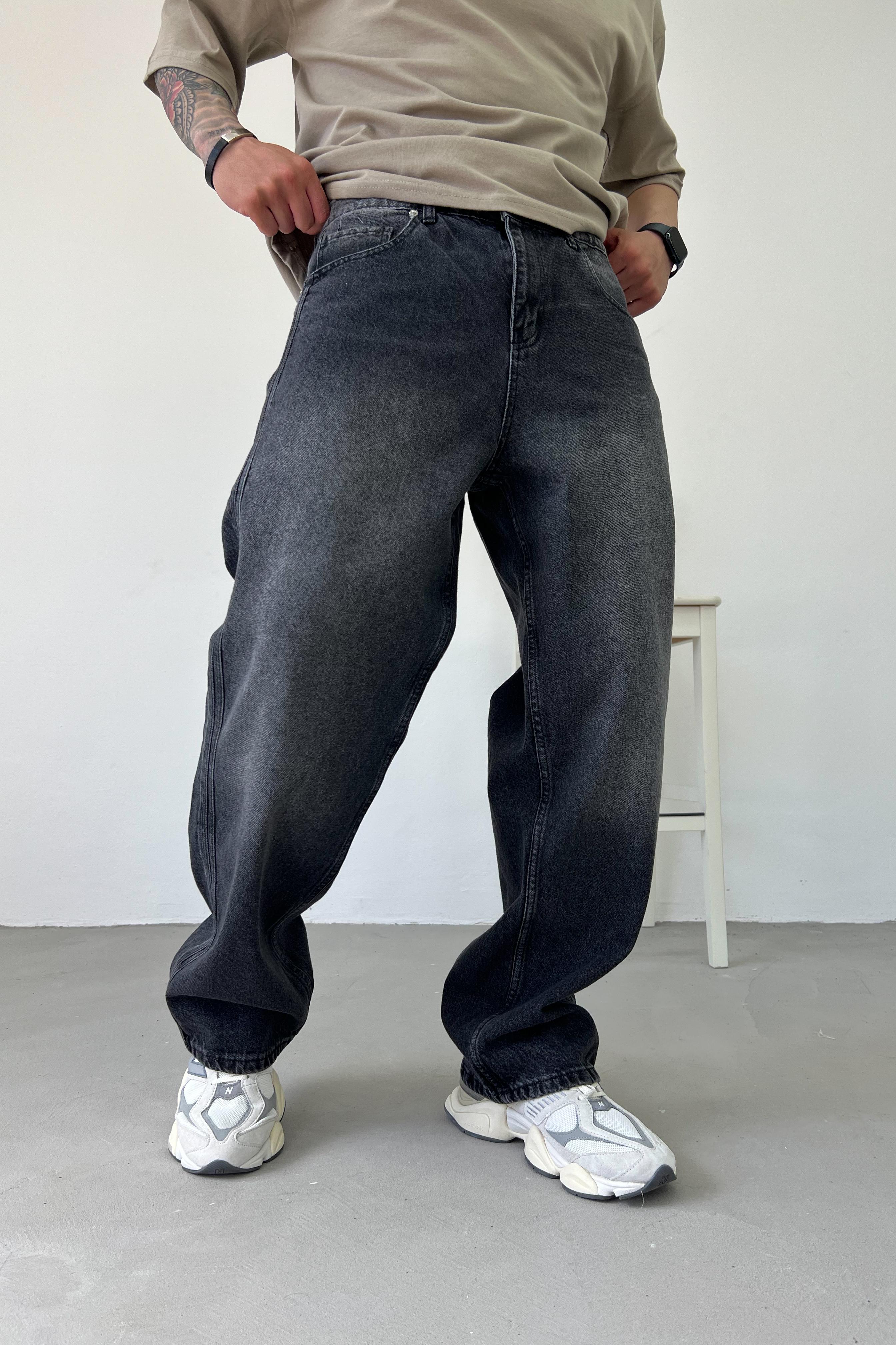 Şerit Detaylı Baggy Pantolon 087 - Taşlamalı Füme