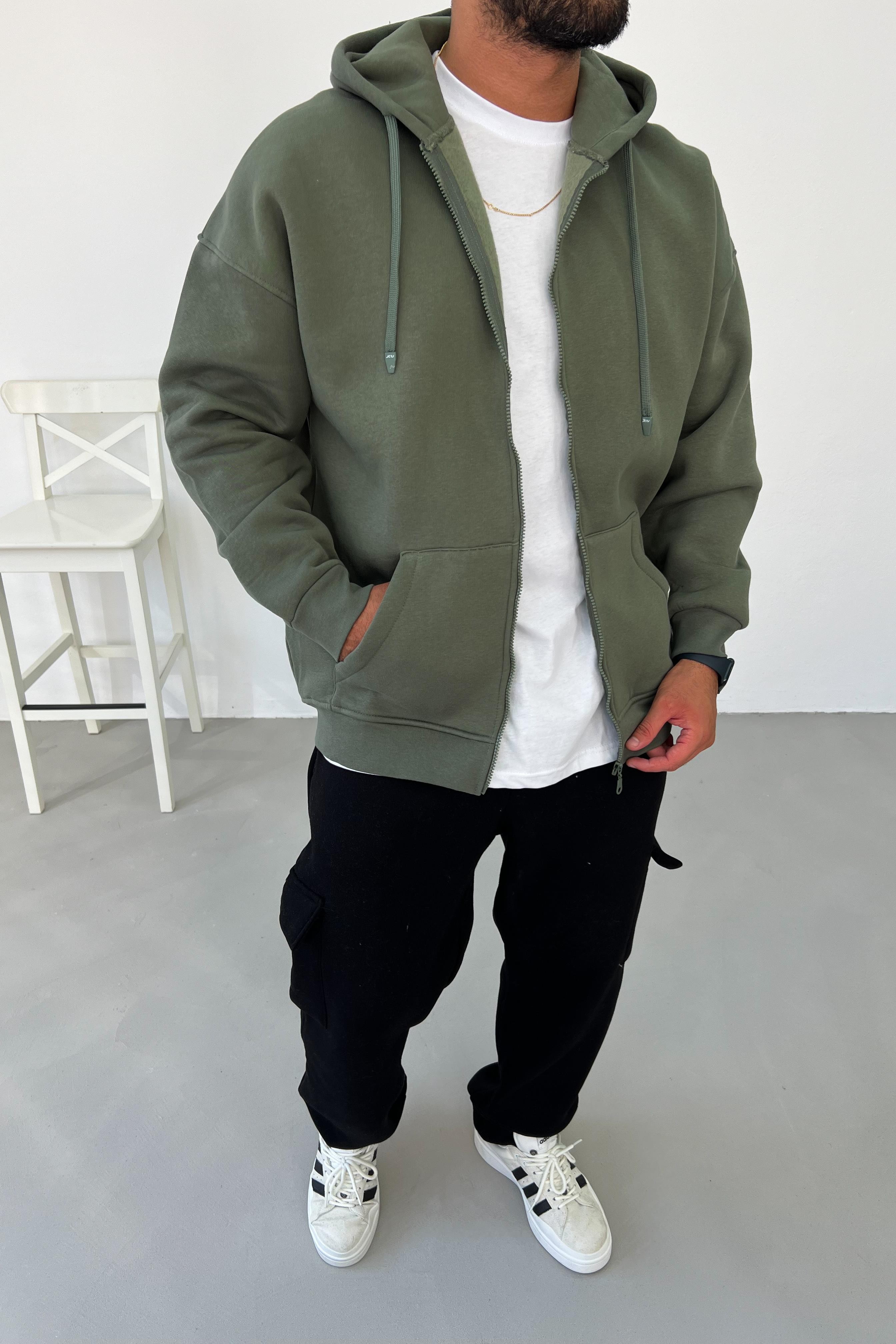 Fermuarlı Oversize Haki Basic Sweatshirt 1375