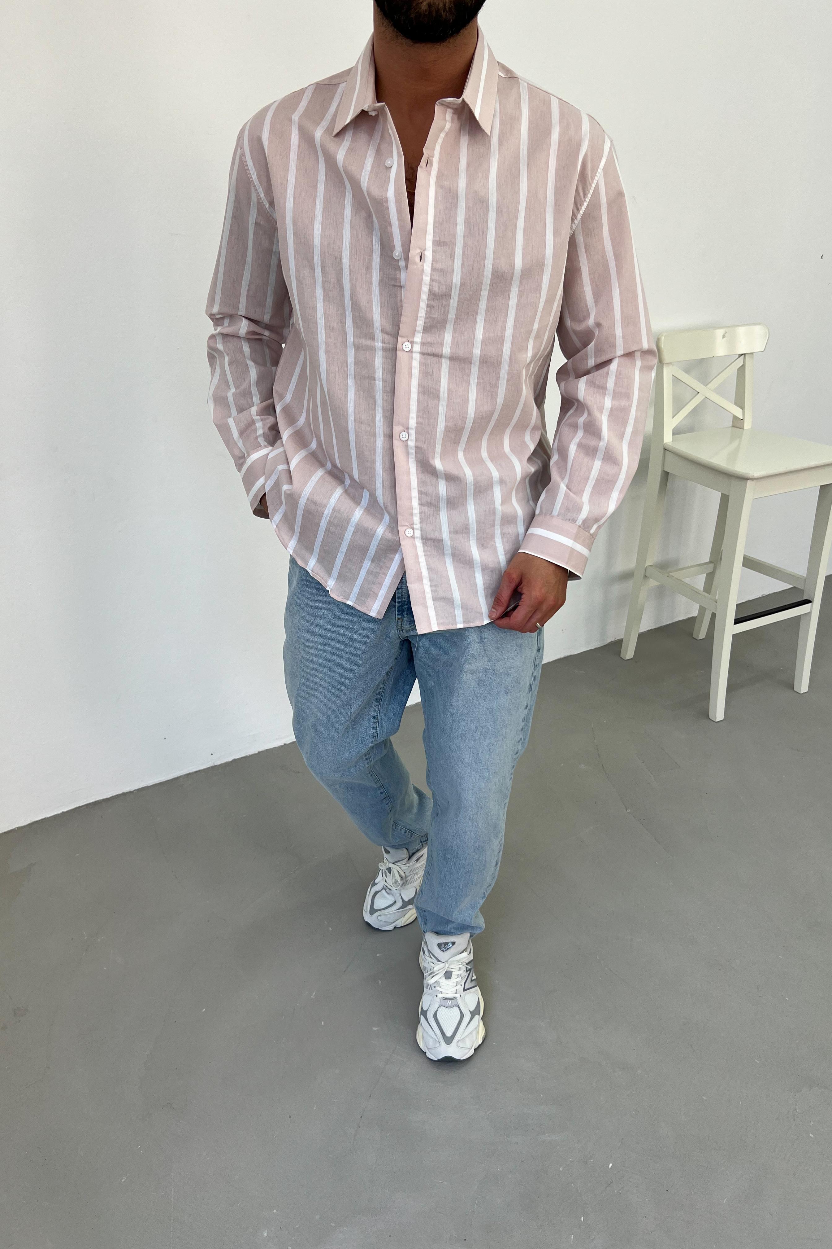Çizgili Oversize Gömlek E40-29 - Pembe