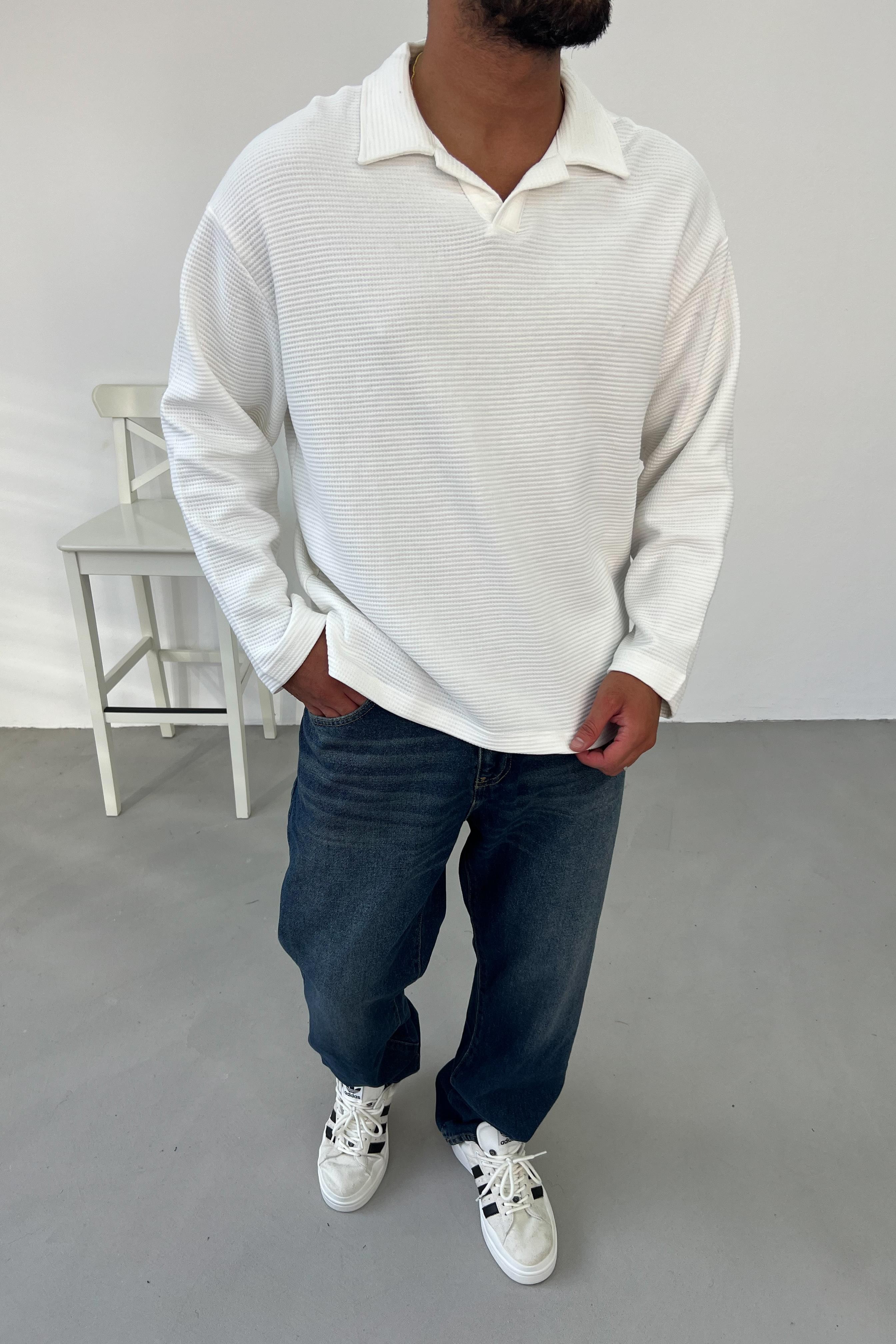 Waffle Kumaş Beyaz Polo Yaka Oversize Sweatshirt 1572