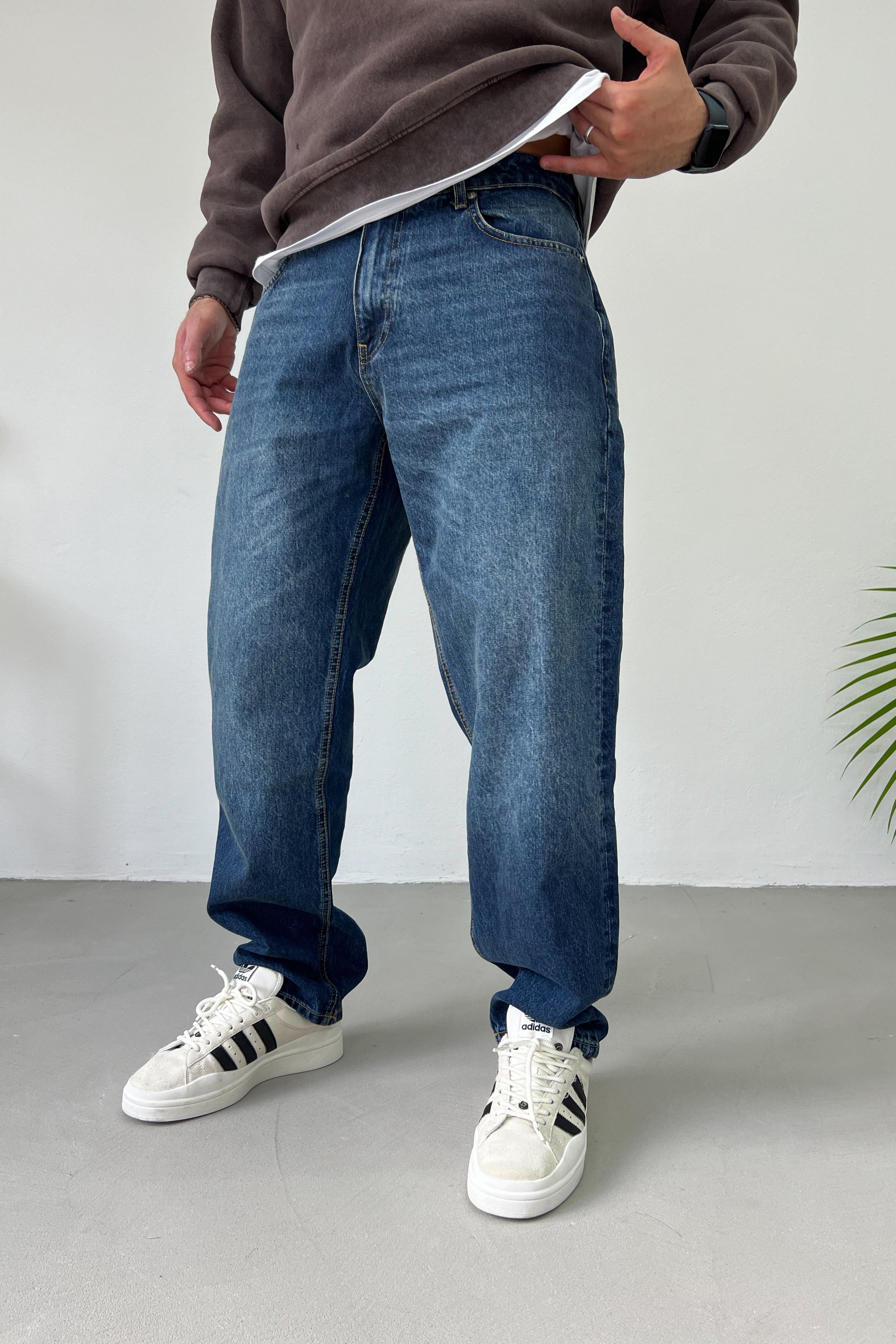 Taşlamalı Mavi Baggy Pantolon 16571-4