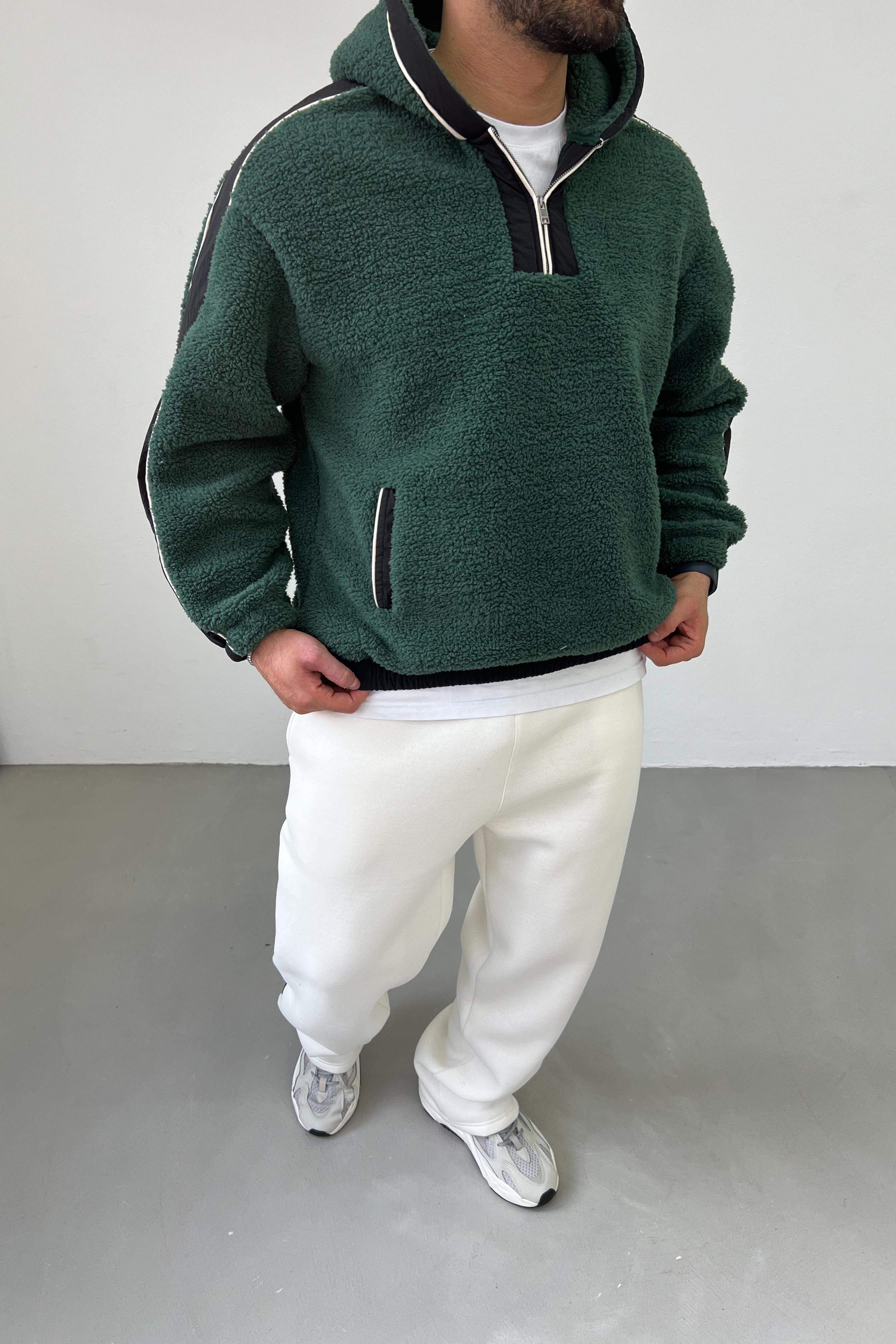 Yakası Fermuarlı Oversize Yeşil Peluş Sweatshirt 1631