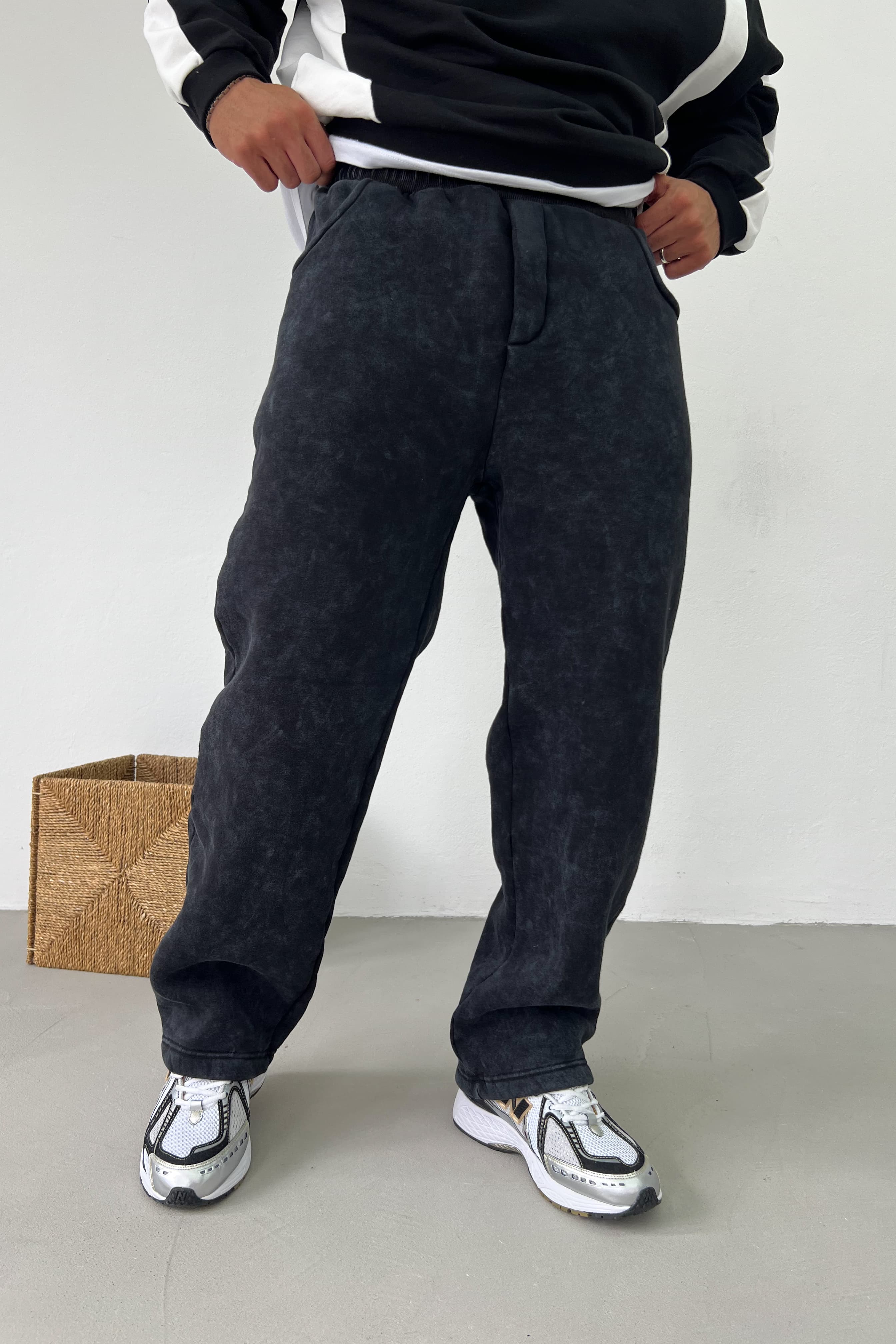 Yıkamalı Basic Baggy Eşofman 100-04 - Siyah