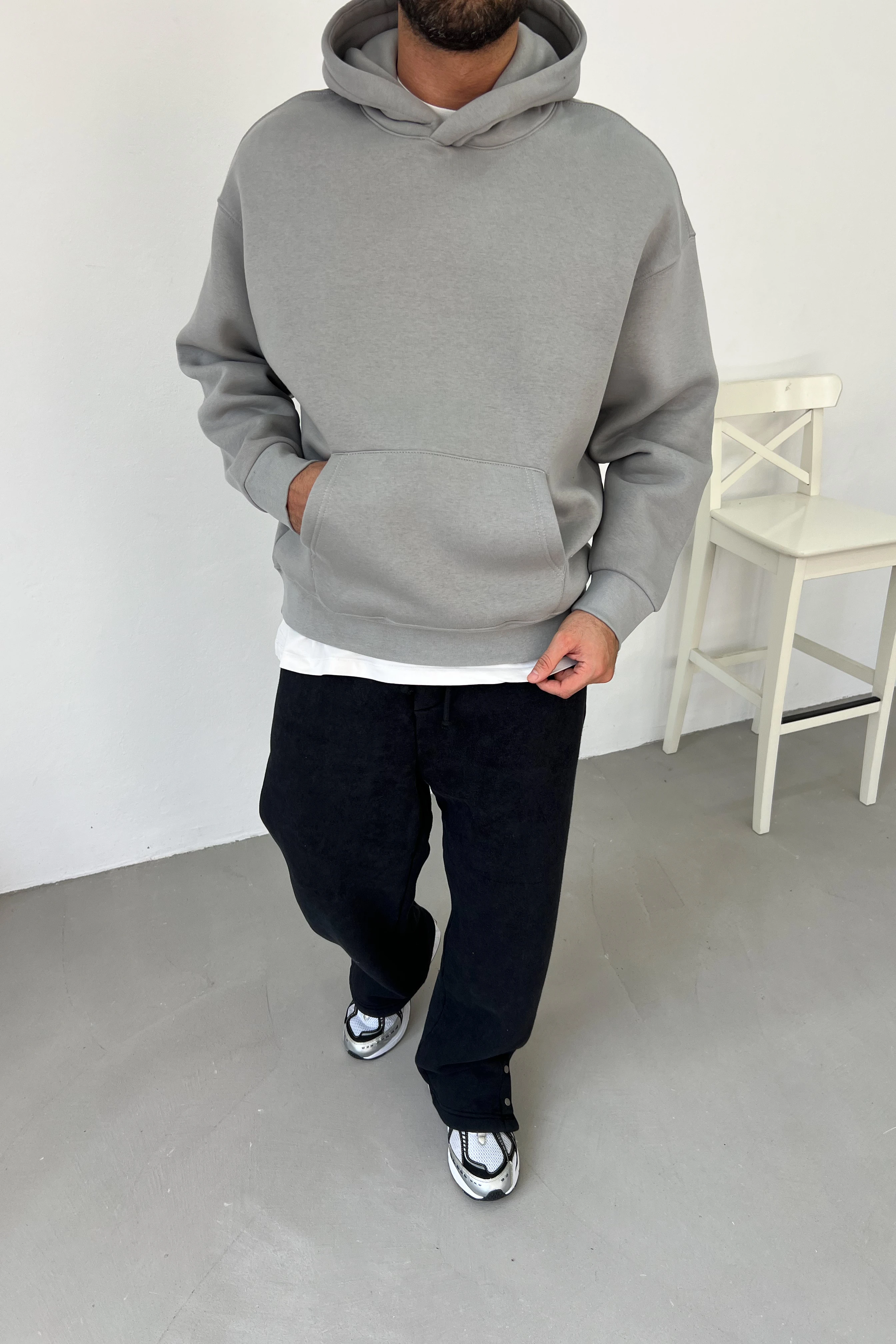 Kapüşonlu Oversize Basic Sweatshirt 7005 - Gri