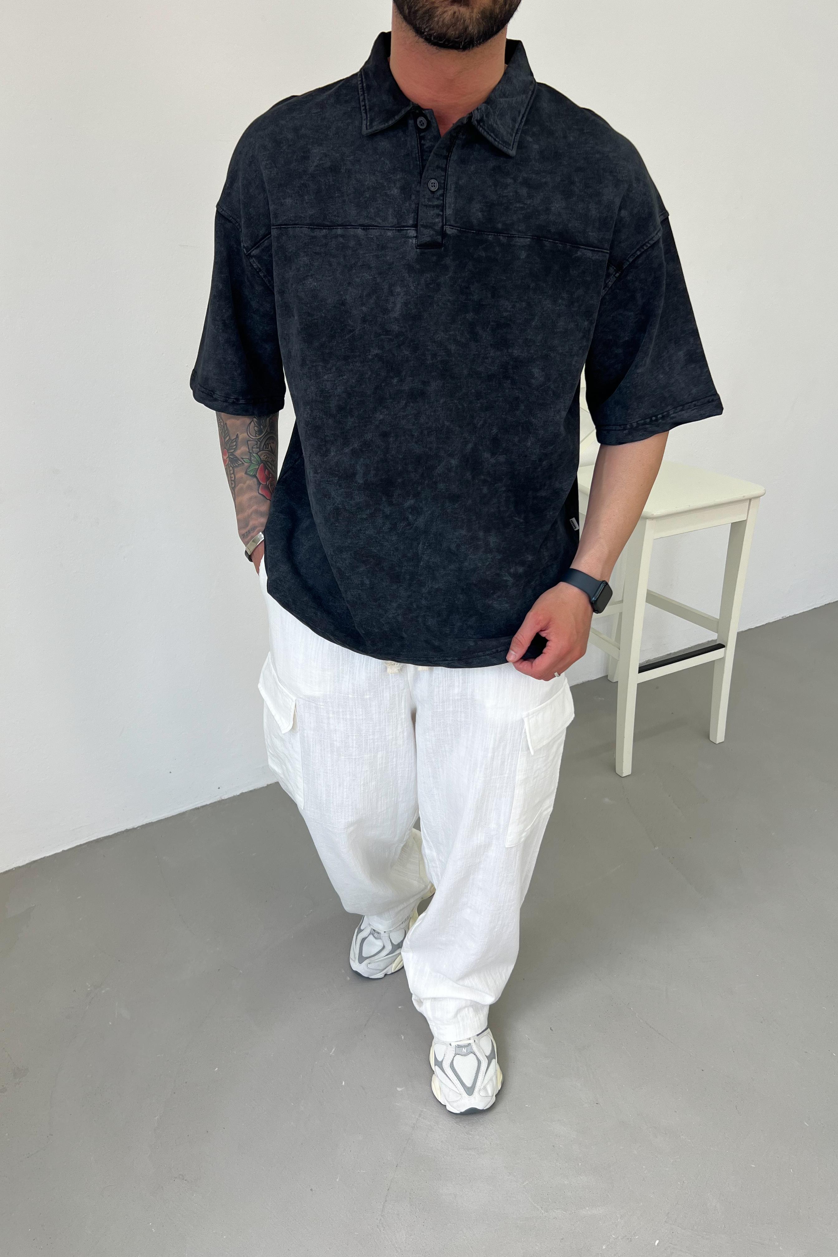 Polo Yaka Yıkamalı Oversize Tshirt 20-47