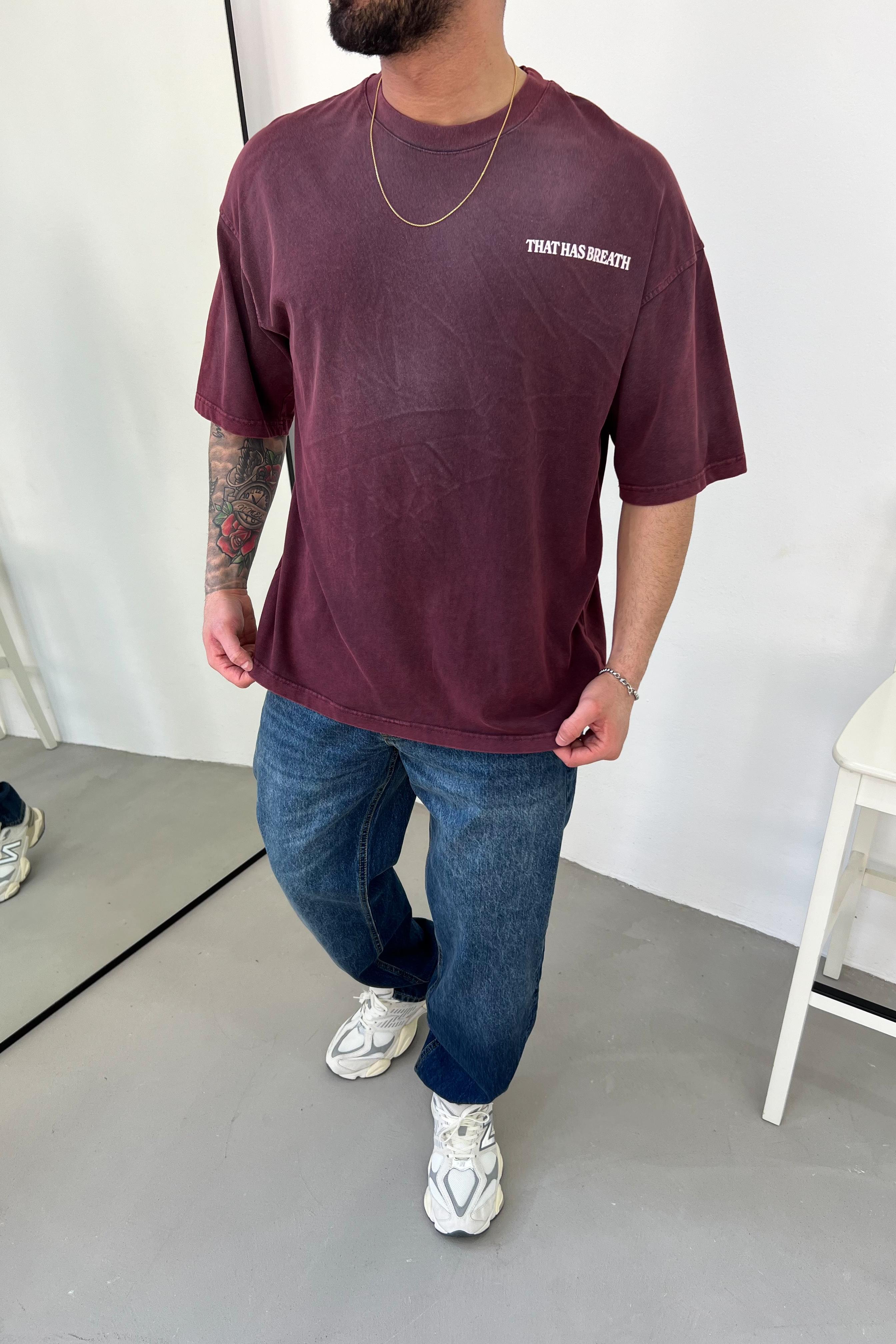That Has Breath Yazı Detaylı Yıkamalı Oversize Siyah Tshirt 2027