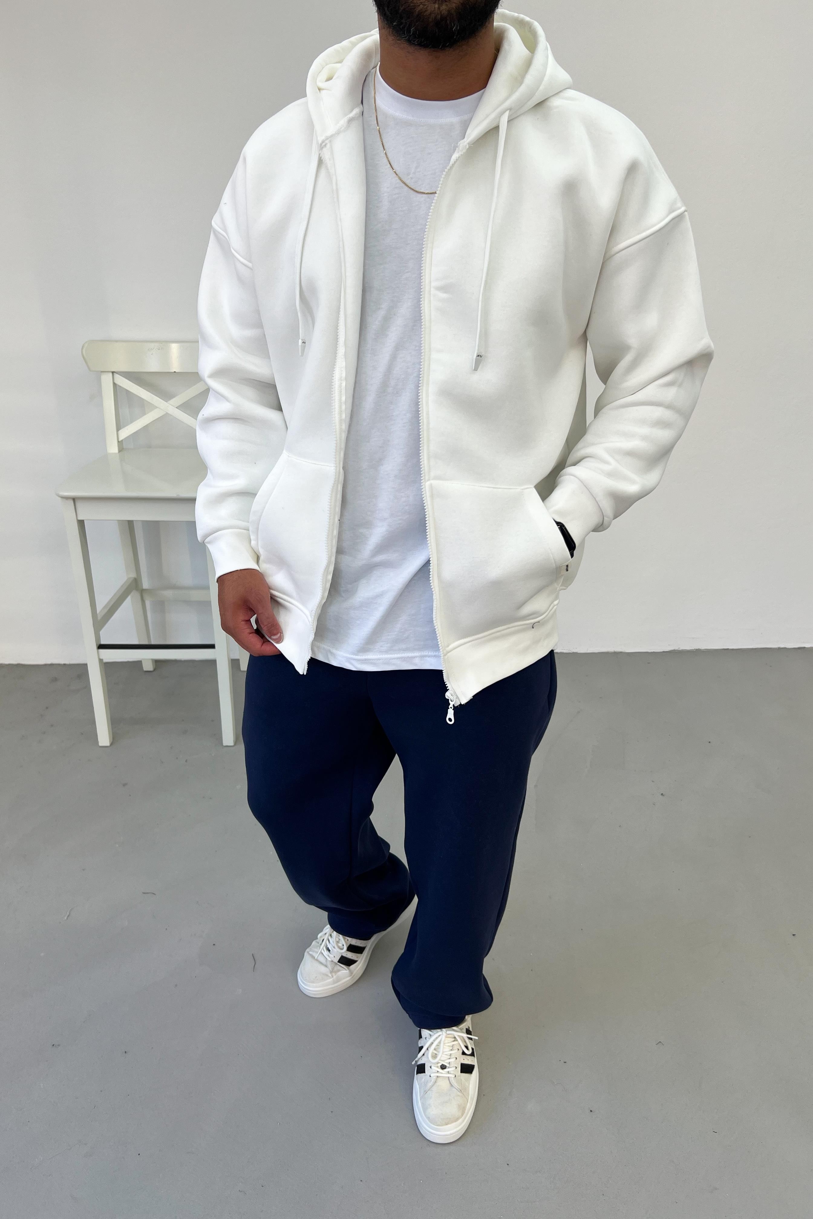 Fermuarlı Oversize Beyaz Basic Sweatshirt 1375