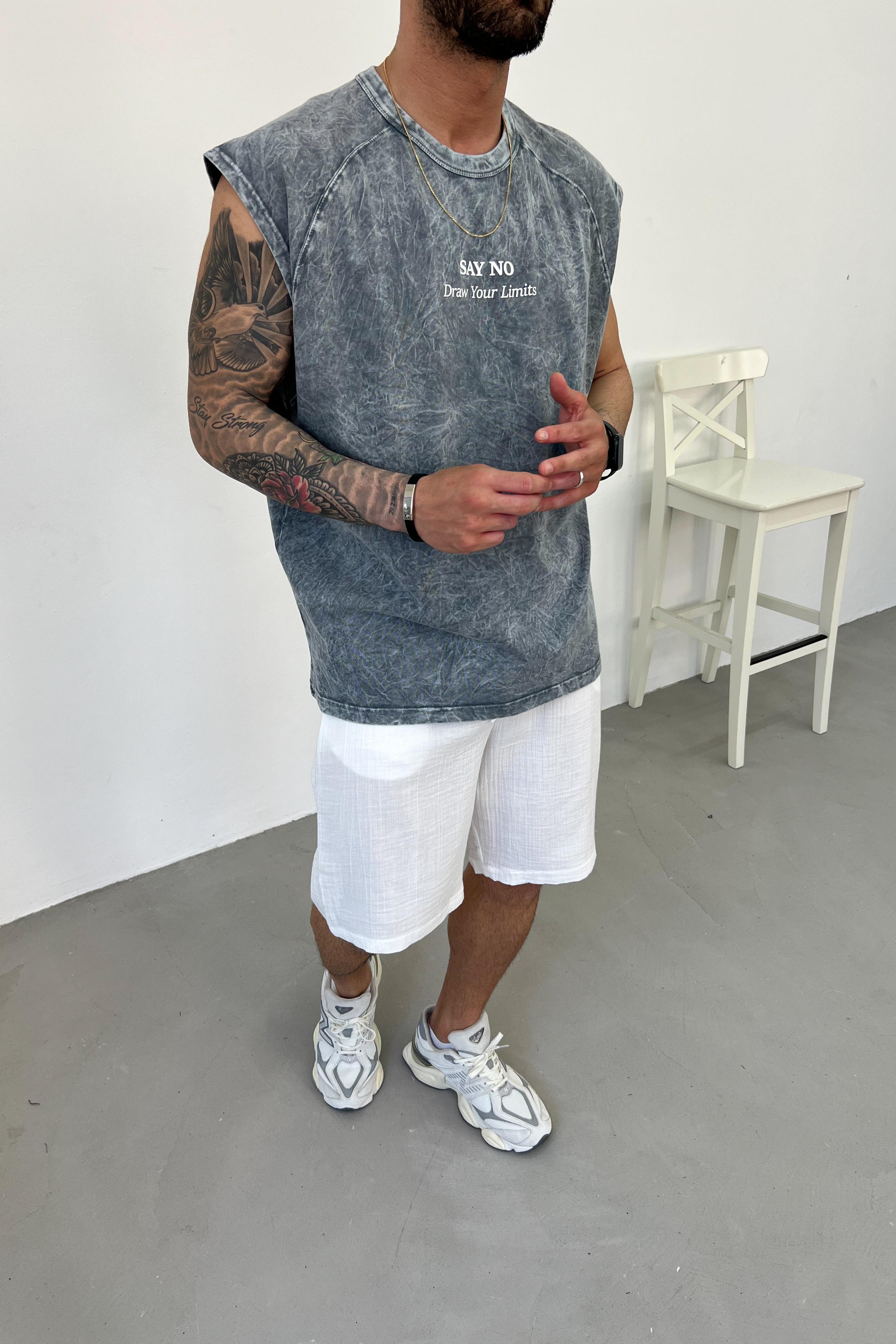 Say No Baskılı Yıkamalı Kolsuz Oversize Tshirt 25Y278 - Gri