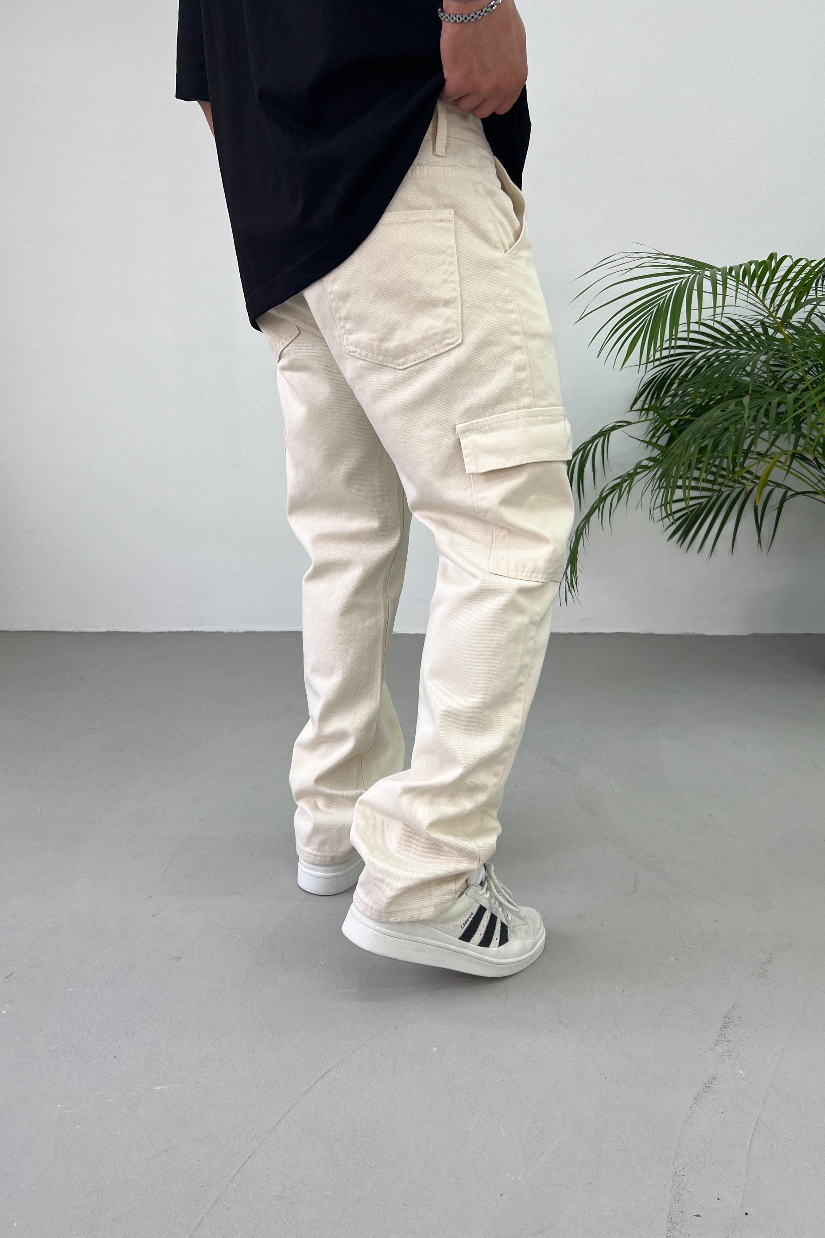 Gabardin Kumaş Bej Kargo Baggy Pantolon 2225