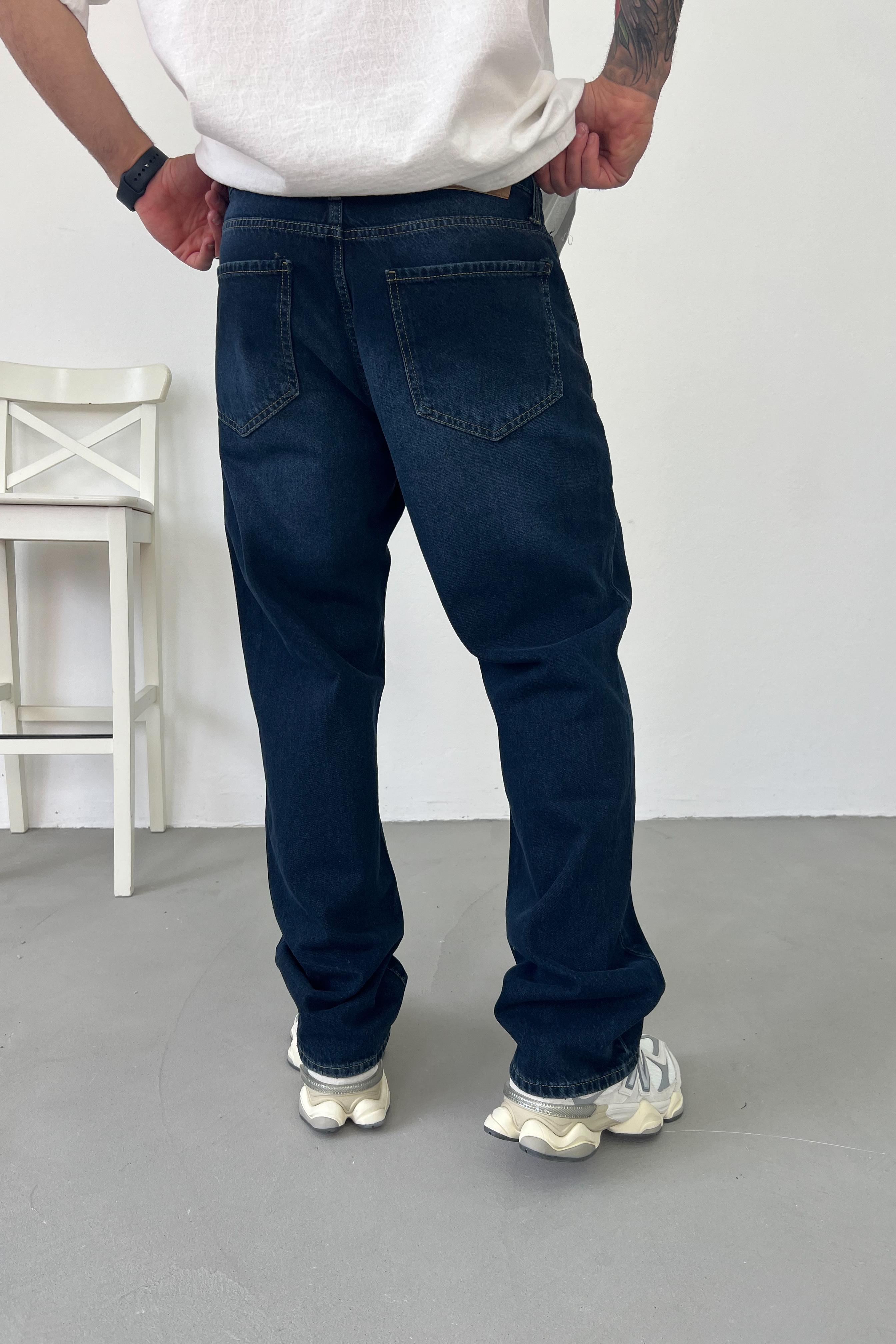 Taşlamalı Koyu Mavi Baggy Pantolon 16668-1