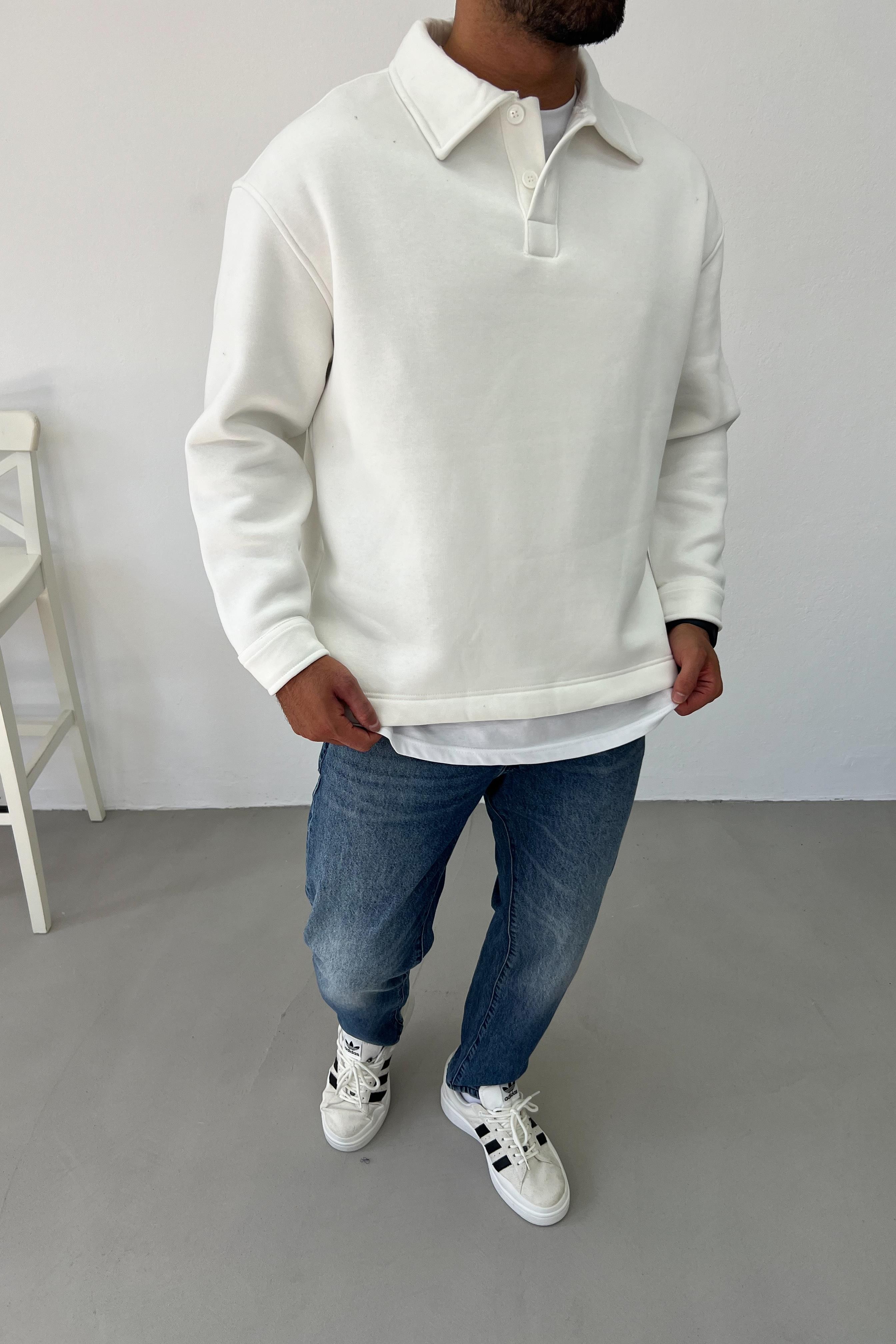 Basic Polo Yaka Beyaz Oversize Sweatshirt 1562