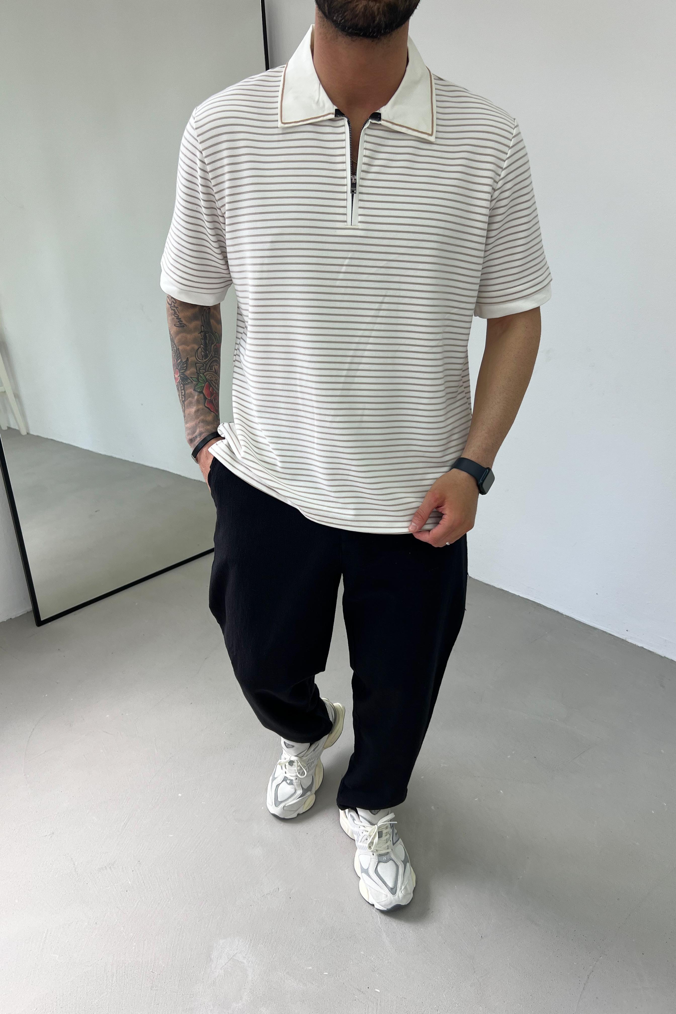 Çizgili Waffle Kumaş Polo Yaka Tshirt 1033 - Bej