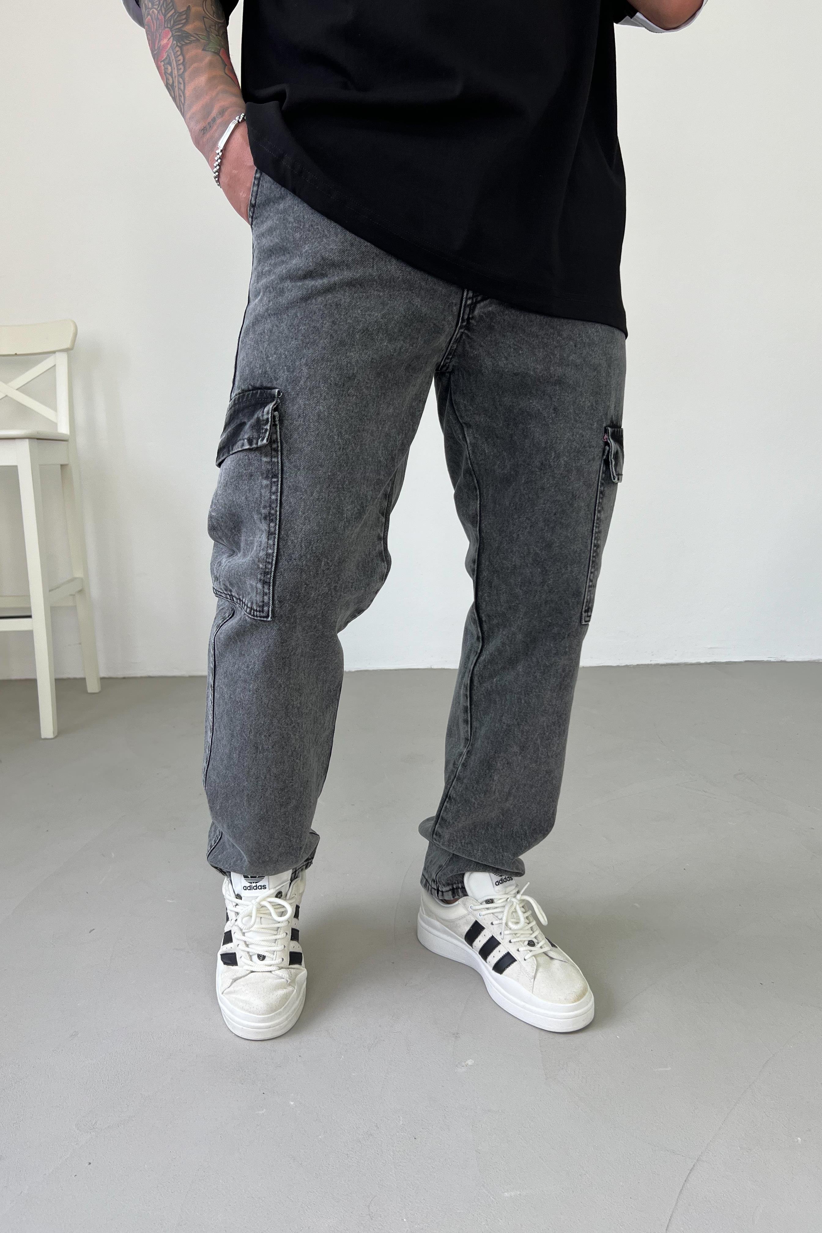 Gabardin Kumaş Antrasit Kargo Baggy Pantolon 2294