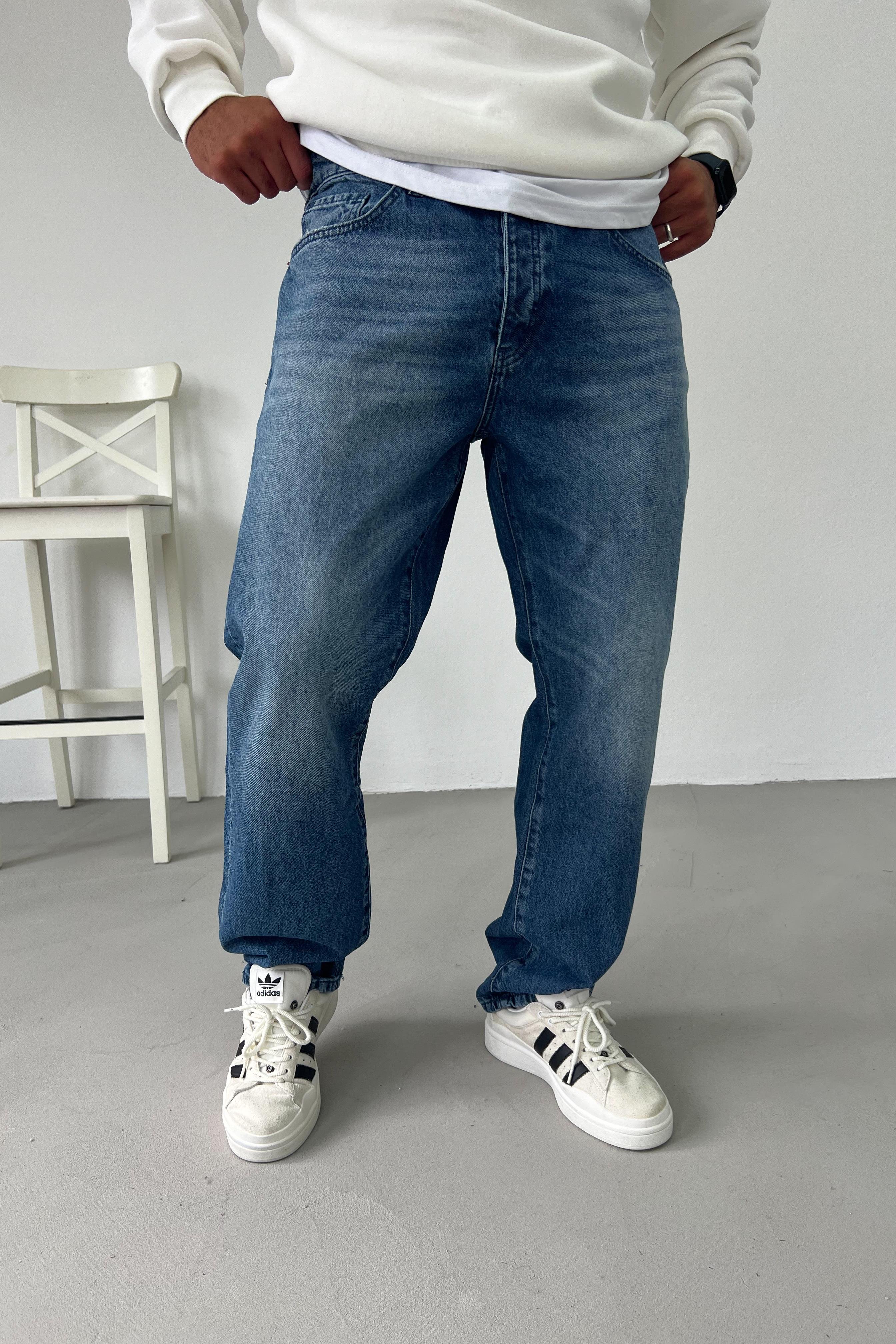 Taşlamalı Mavi Baggy Pantolon 16413-STD