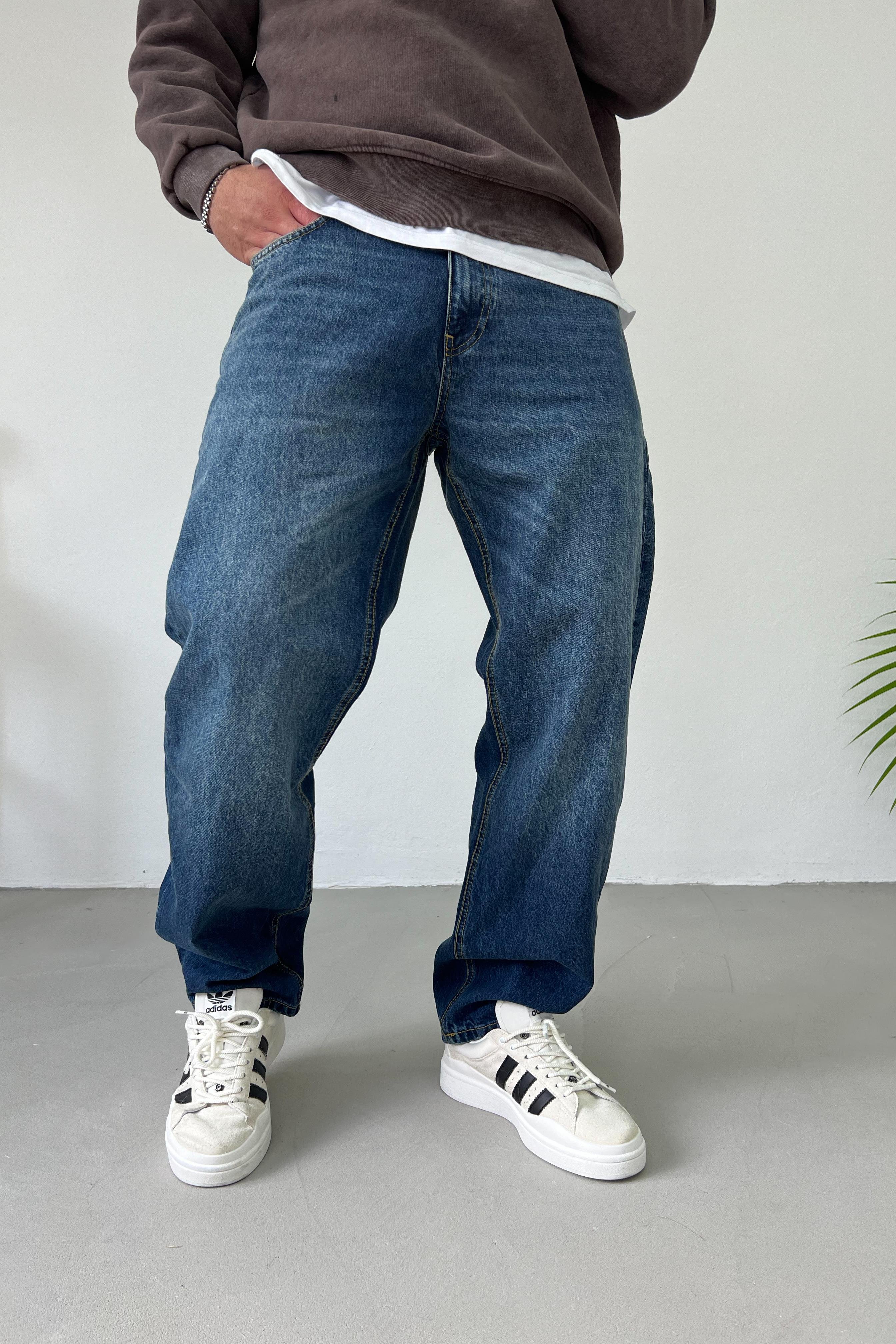 Taşlamalı Mavi Baggy Pantolon 16571-4