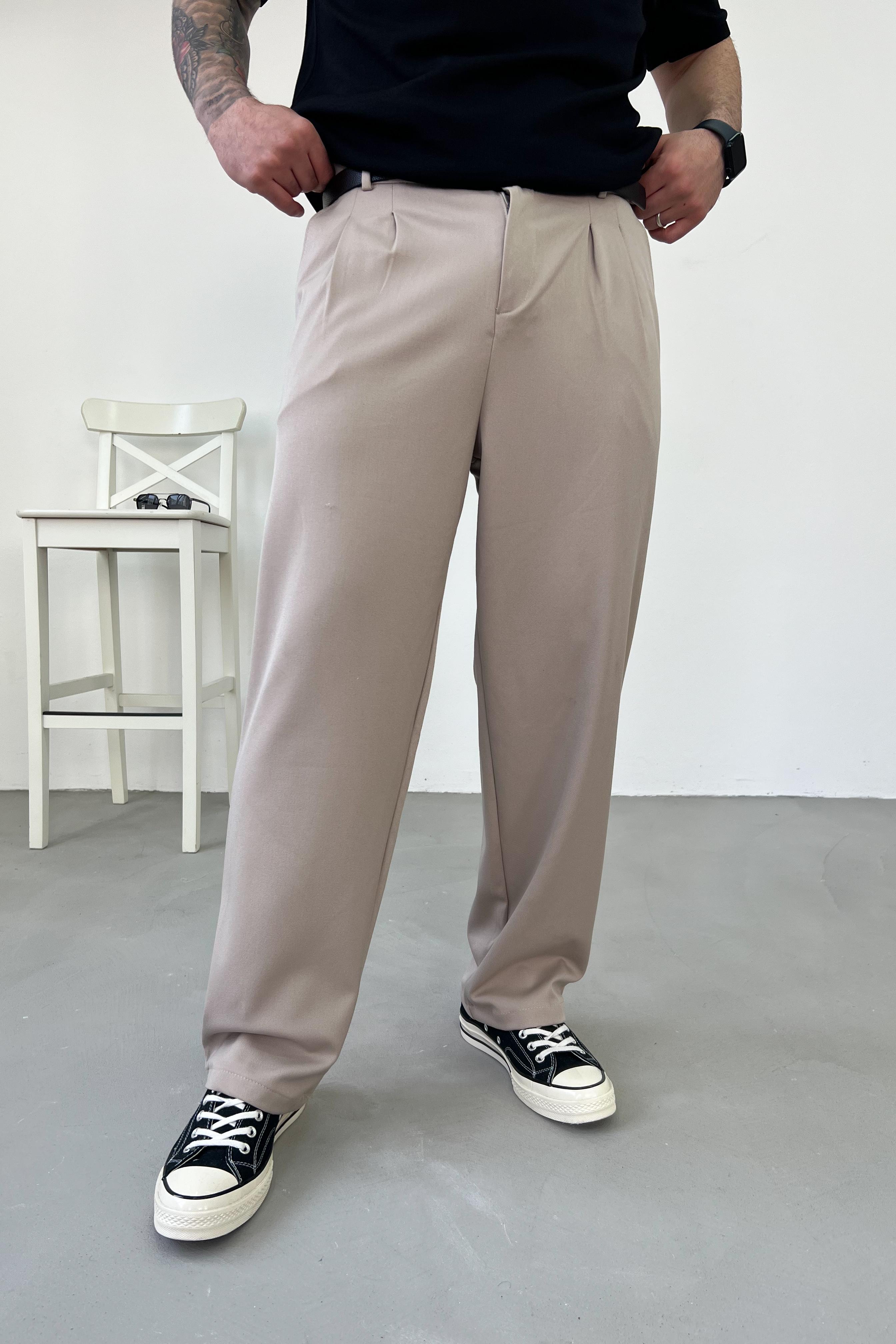 Pileli Kumaş Baggy Pantolon 2025 - Bej