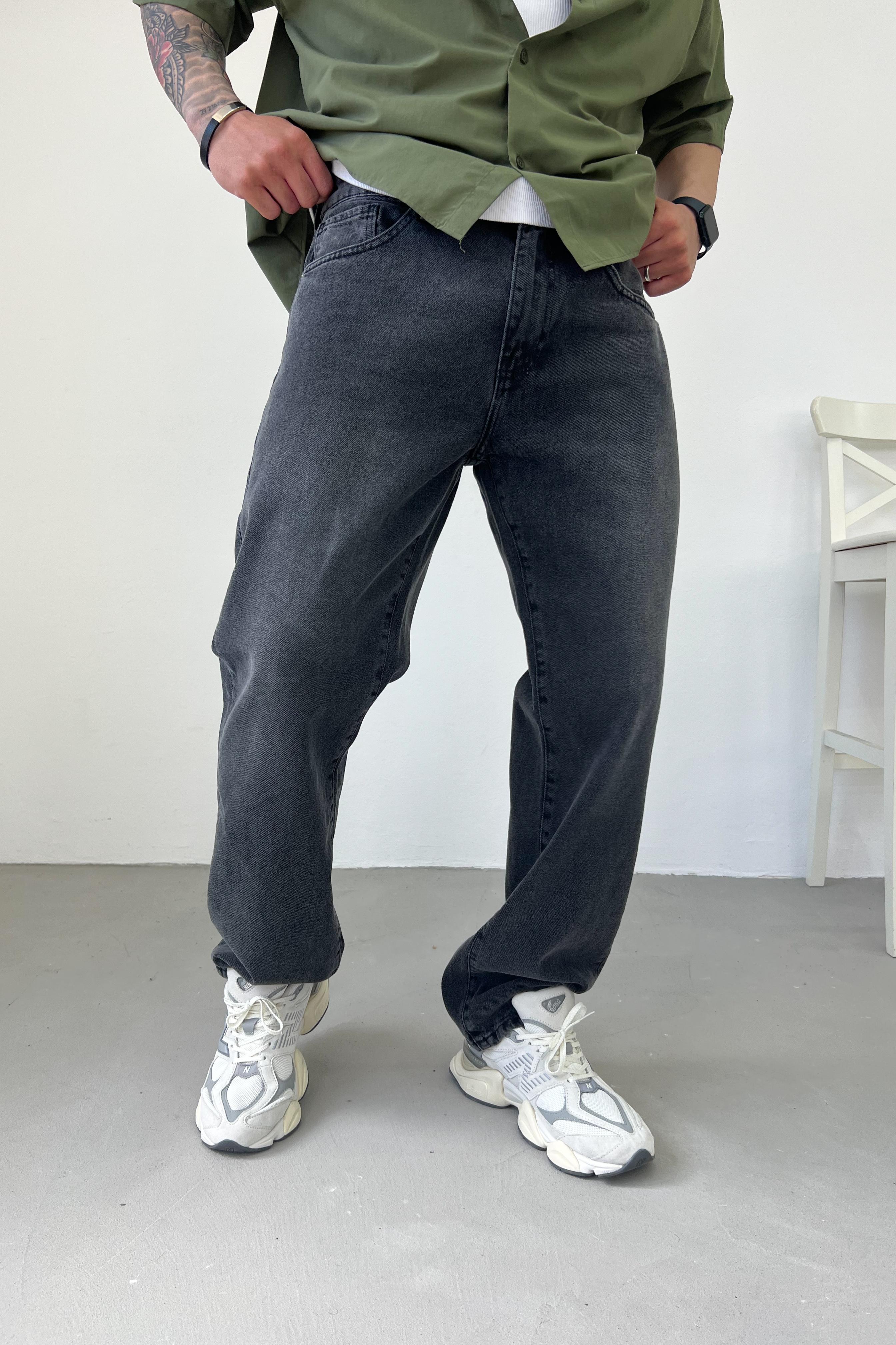 Taşlamalı Füme Baggy Pantolon 16728-3