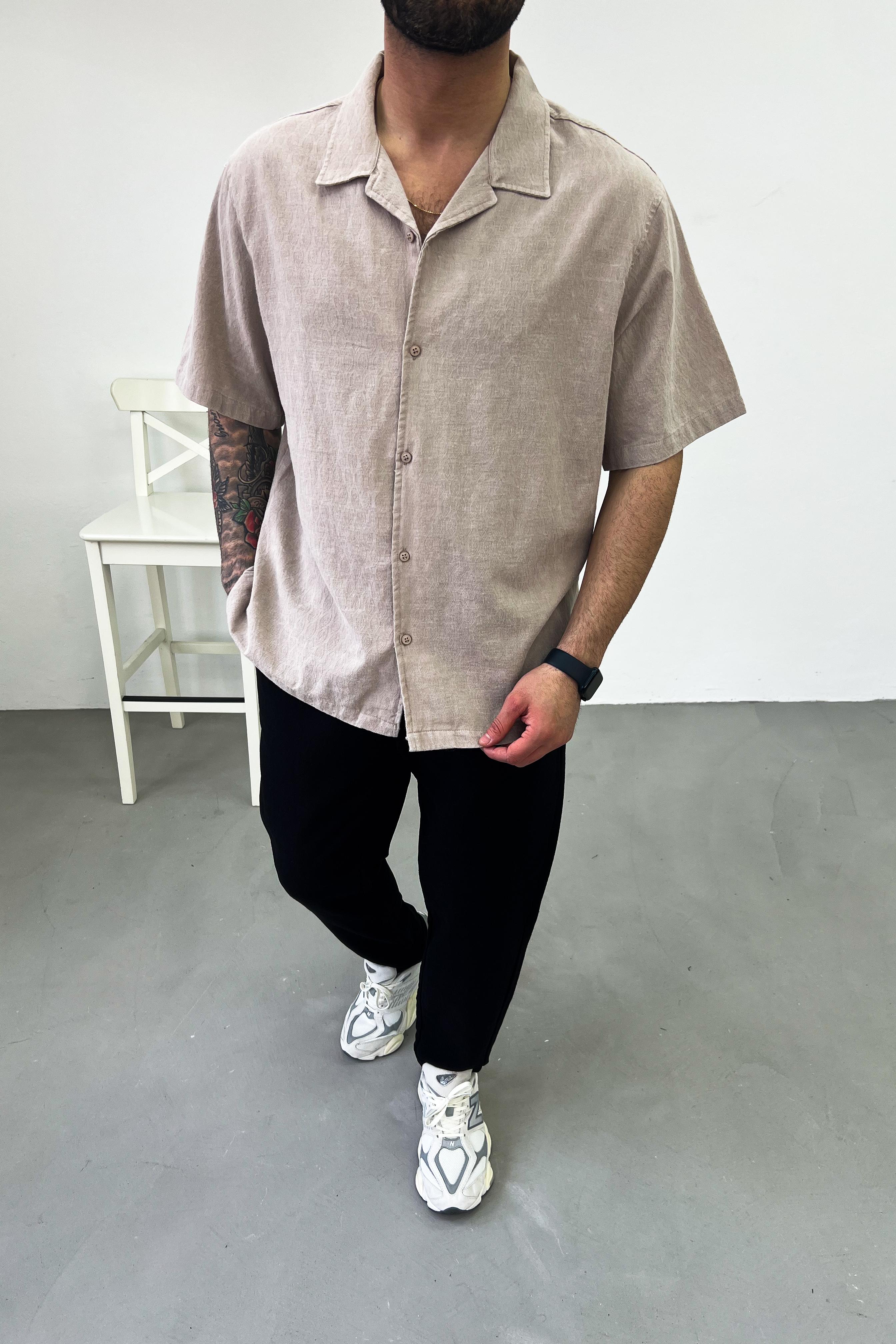 Oversize Basic Keten Gömlek 40-15 - Bej