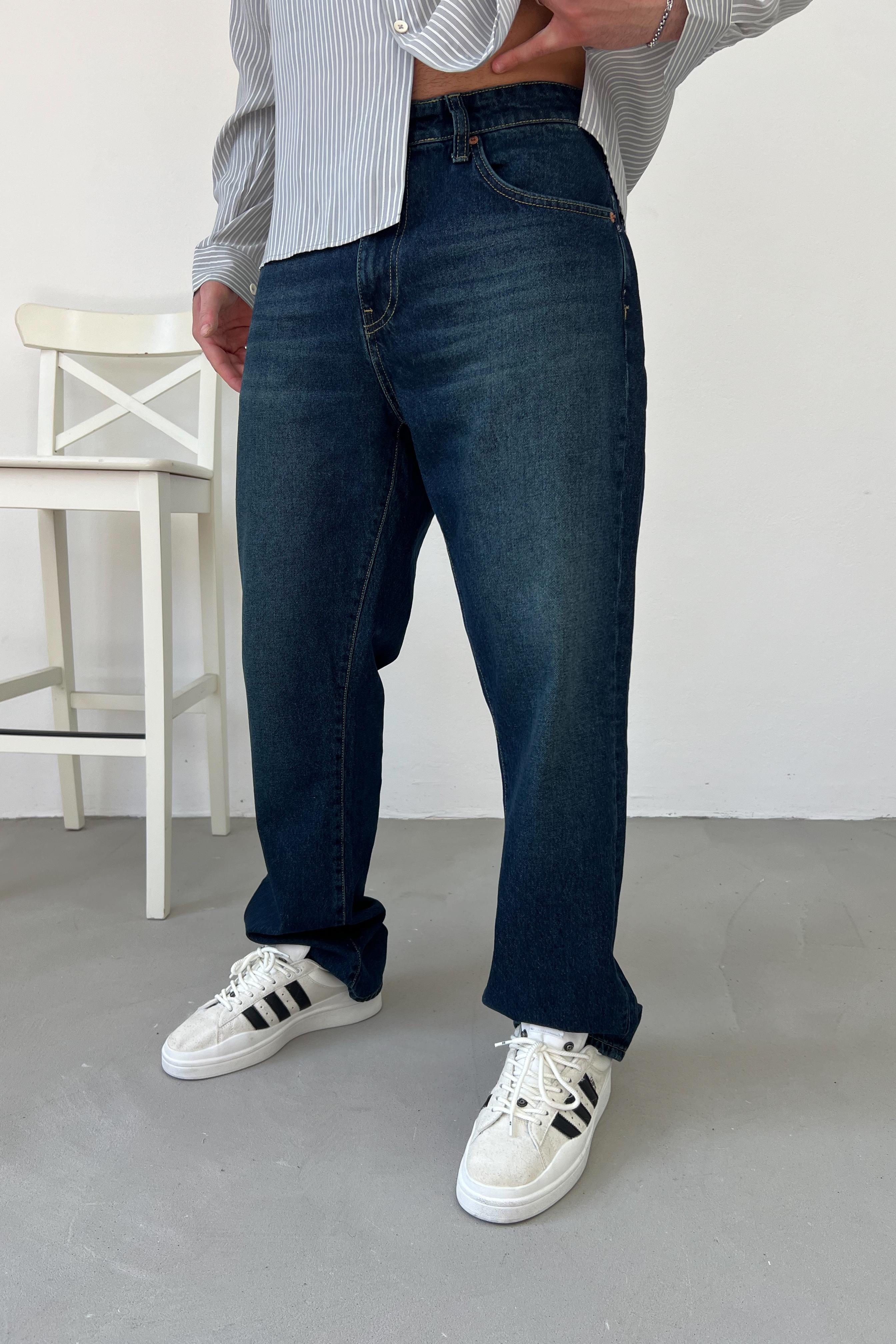 Taşlamalı Koyu Mavi Baggy Pantolon 16617-STD