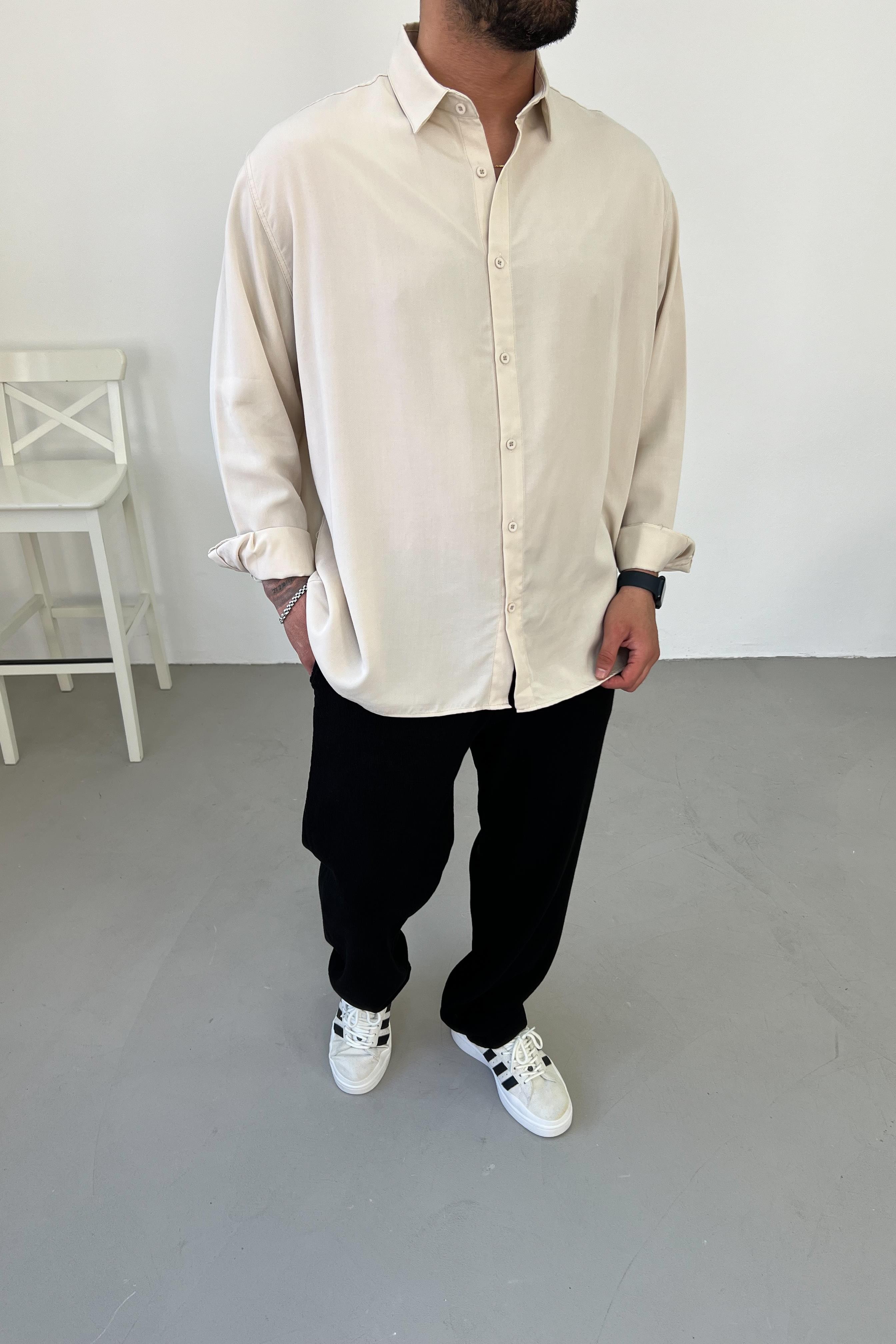 Tencel Kumaş Bej Oversize Gömlek 1203