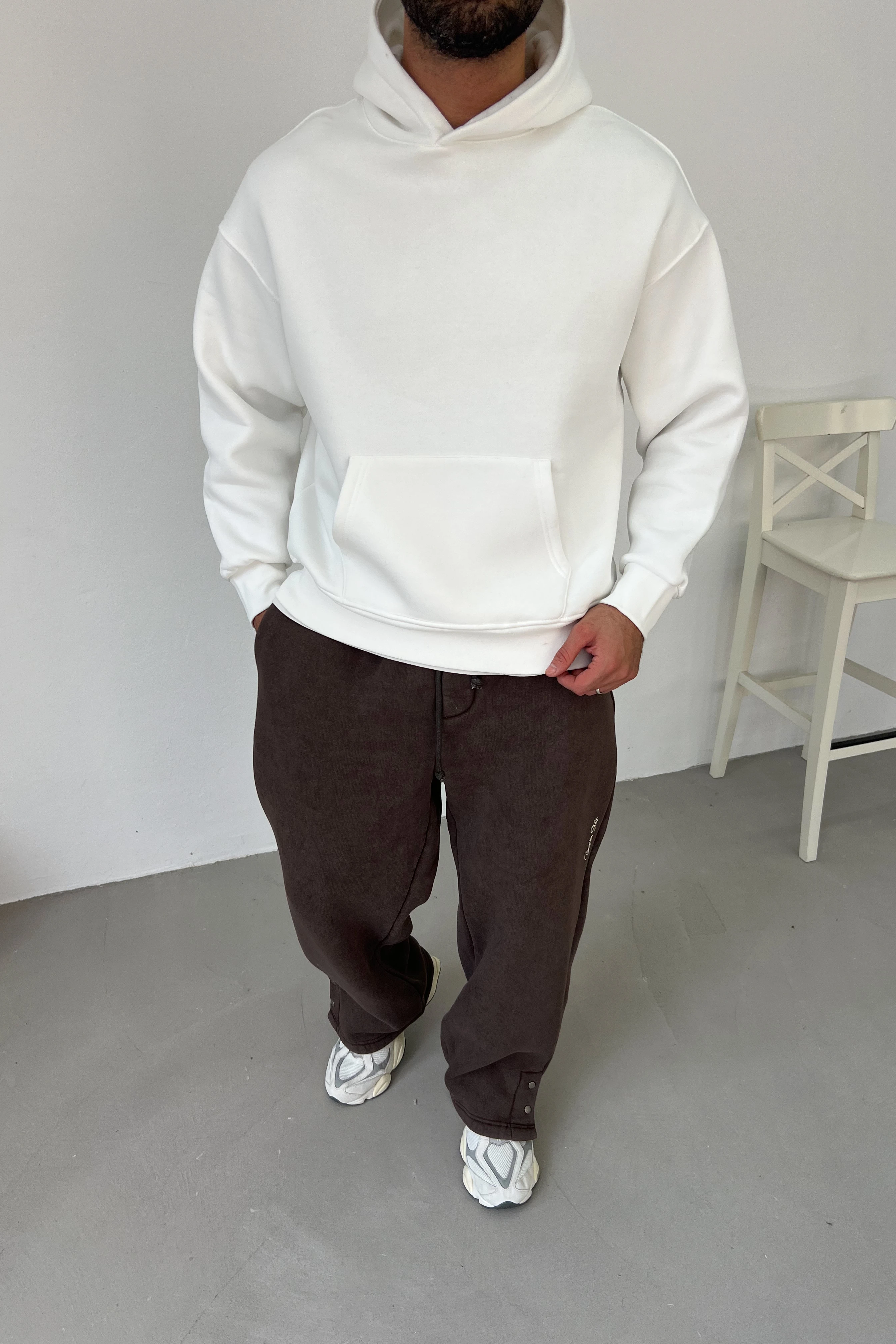 Kapüşonlu Oversize Basic Sweatshirt 7005 - Beyaz