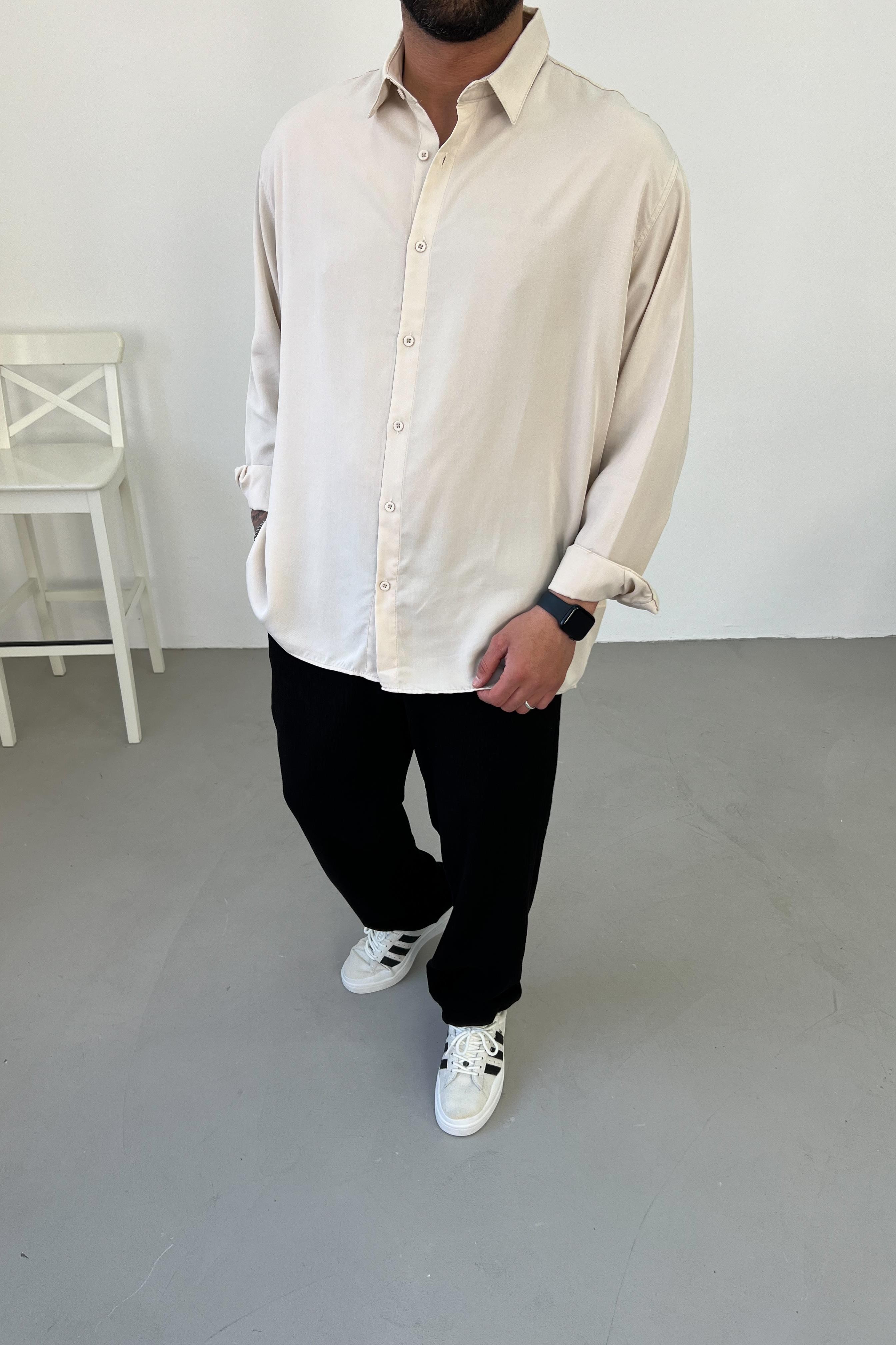 Tencel Kumaş Bej Oversize Gömlek 1203