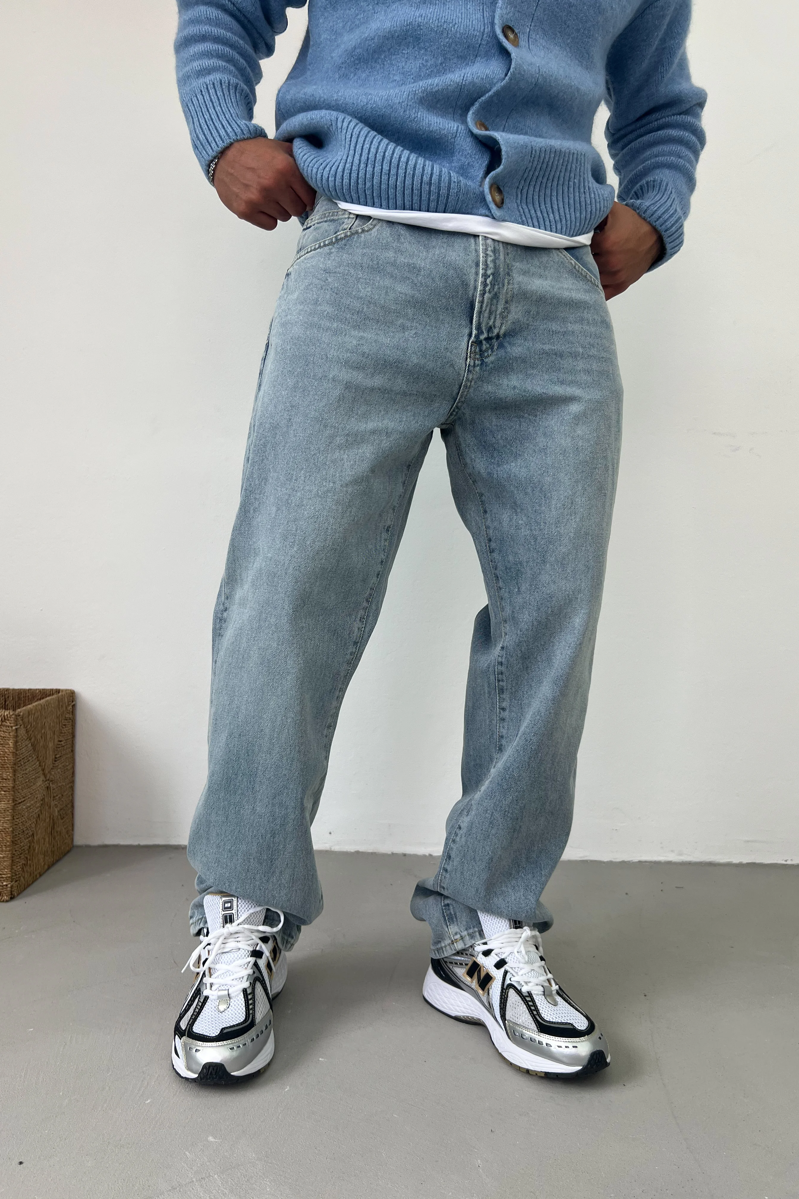 Taşlamalı Mavi Baggy Pantolon 16851-3