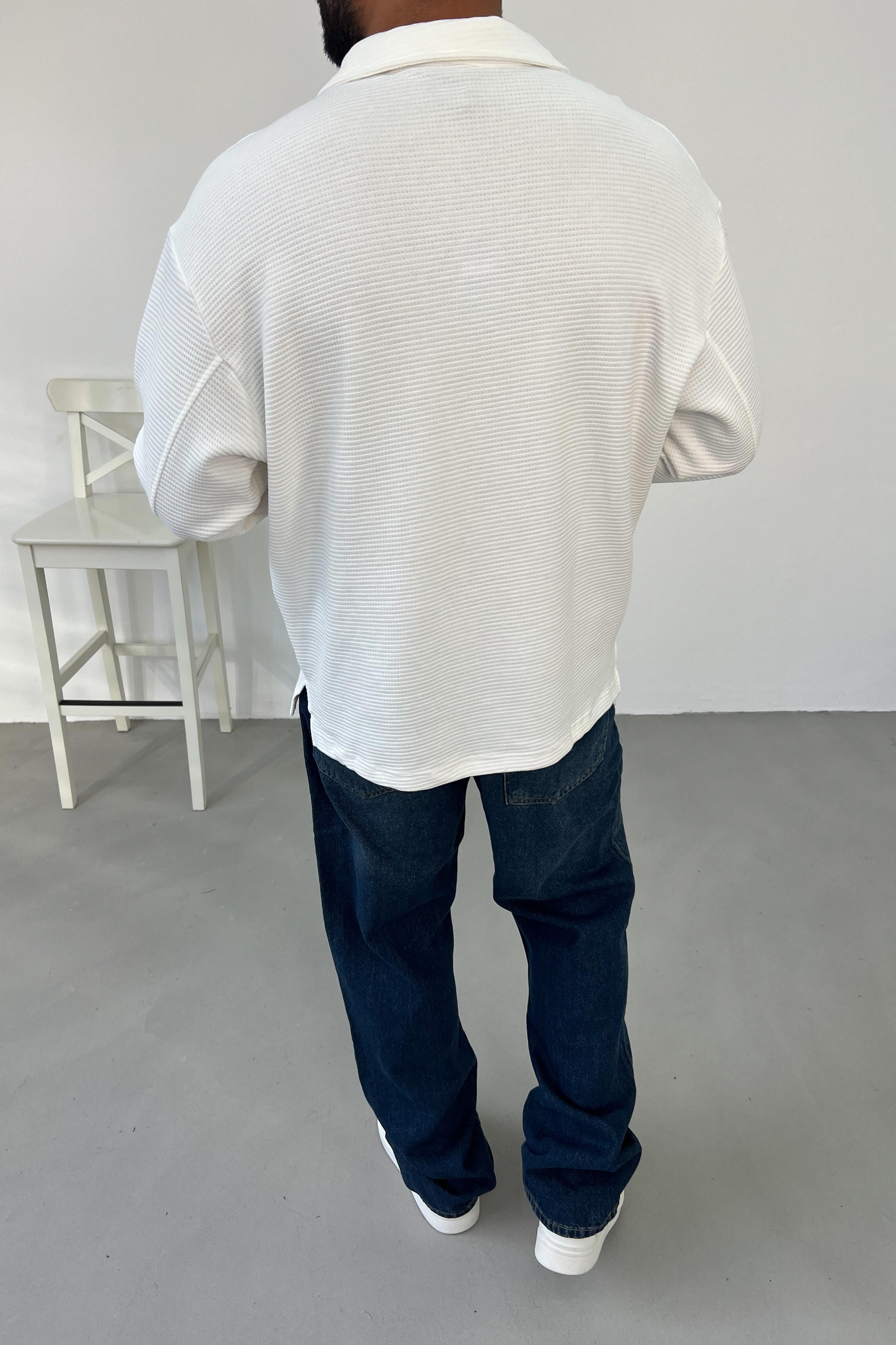 Waffle Kumaş Beyaz Polo Yaka Oversize Sweatshirt 1572