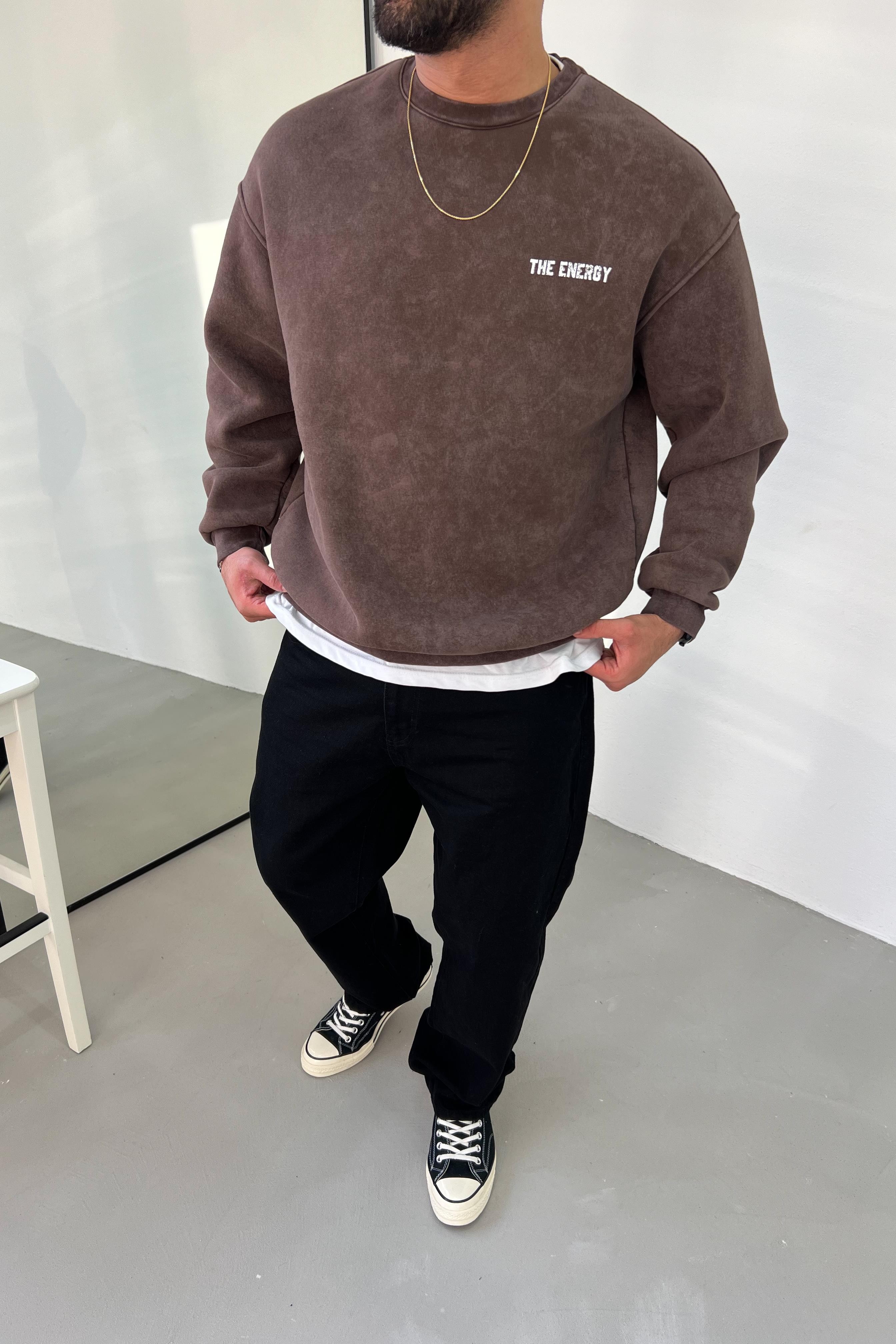 08 Baskılı Yıkamalı Kahve Oversize Sweatshirt 48