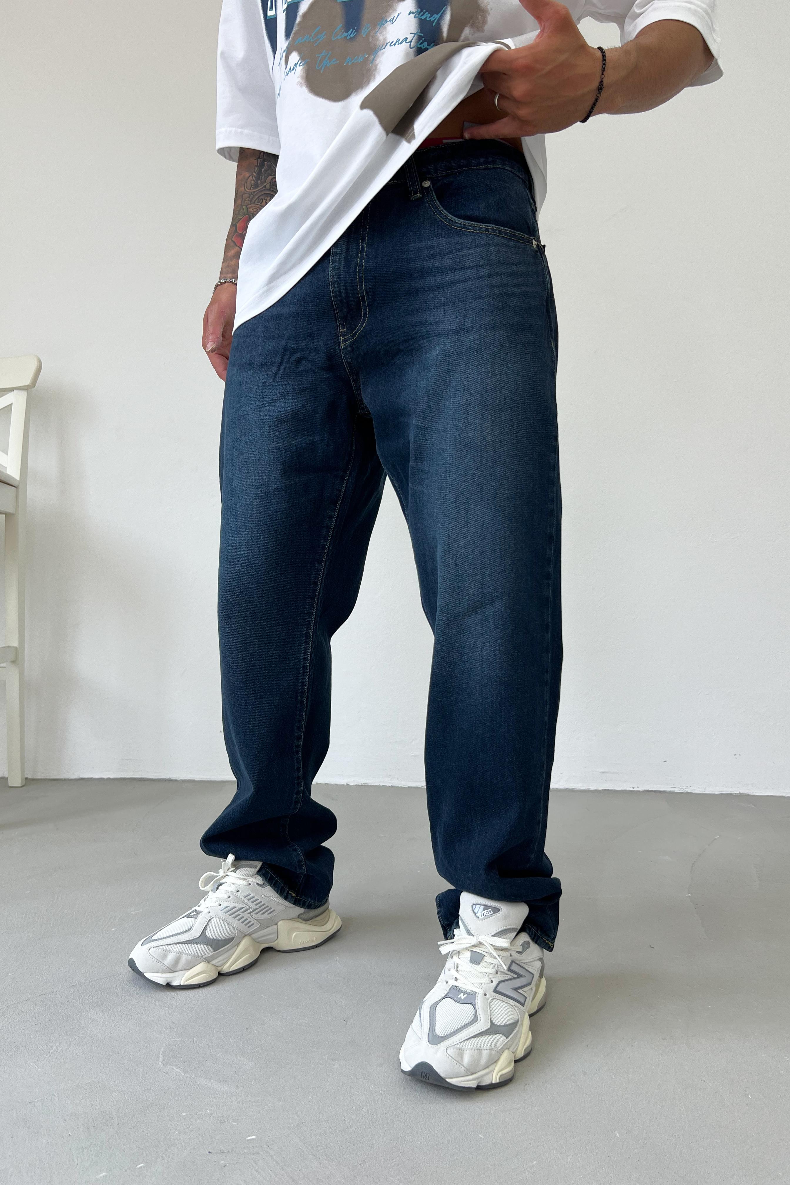 Taşlamalı Koyu Mavi Baggy Pantolon 16668-1