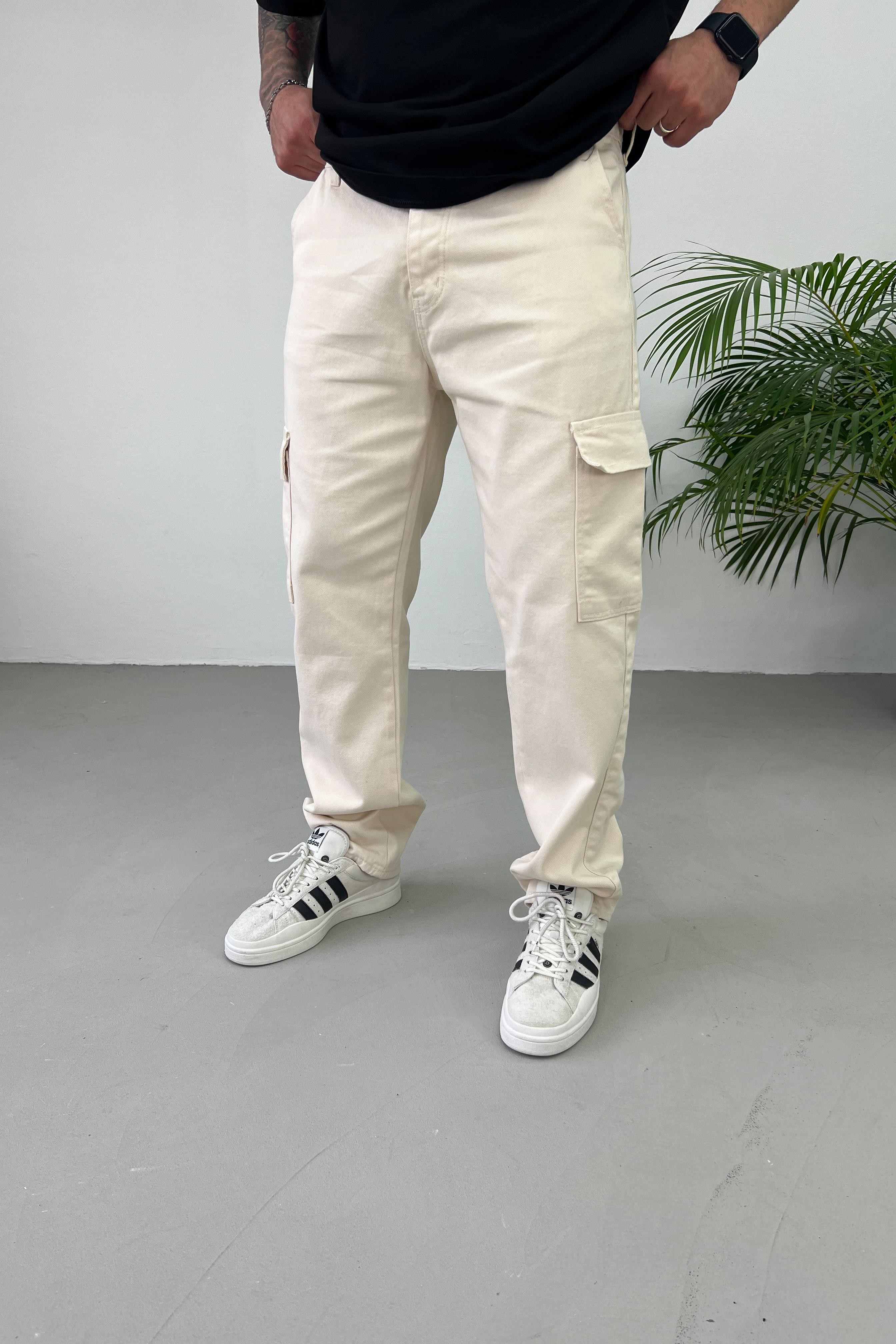 Gabardin Kumaş Bej Kargo Baggy Pantolon 2225