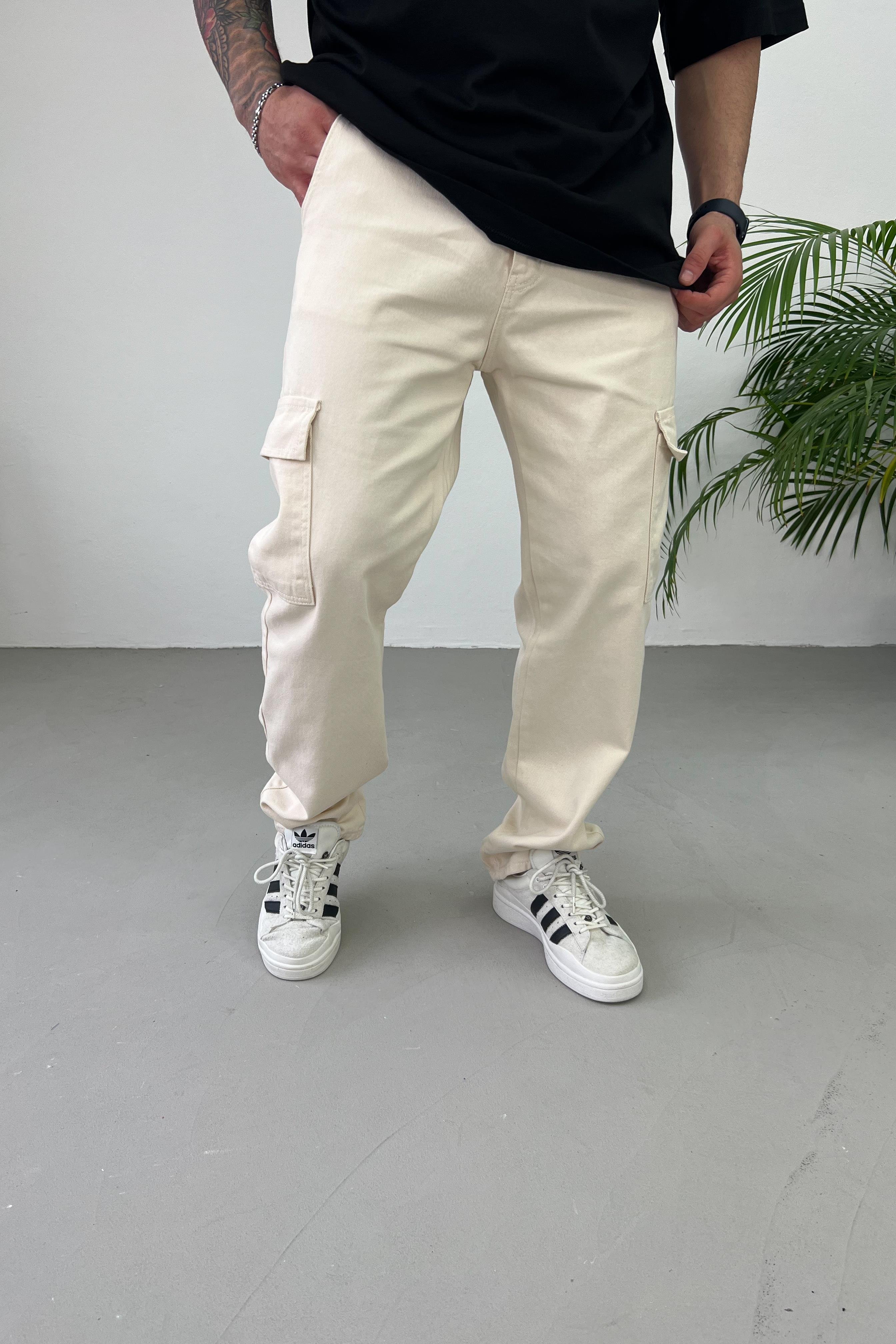 Gabardin Kumaş Bej Kargo Baggy Pantolon 2225